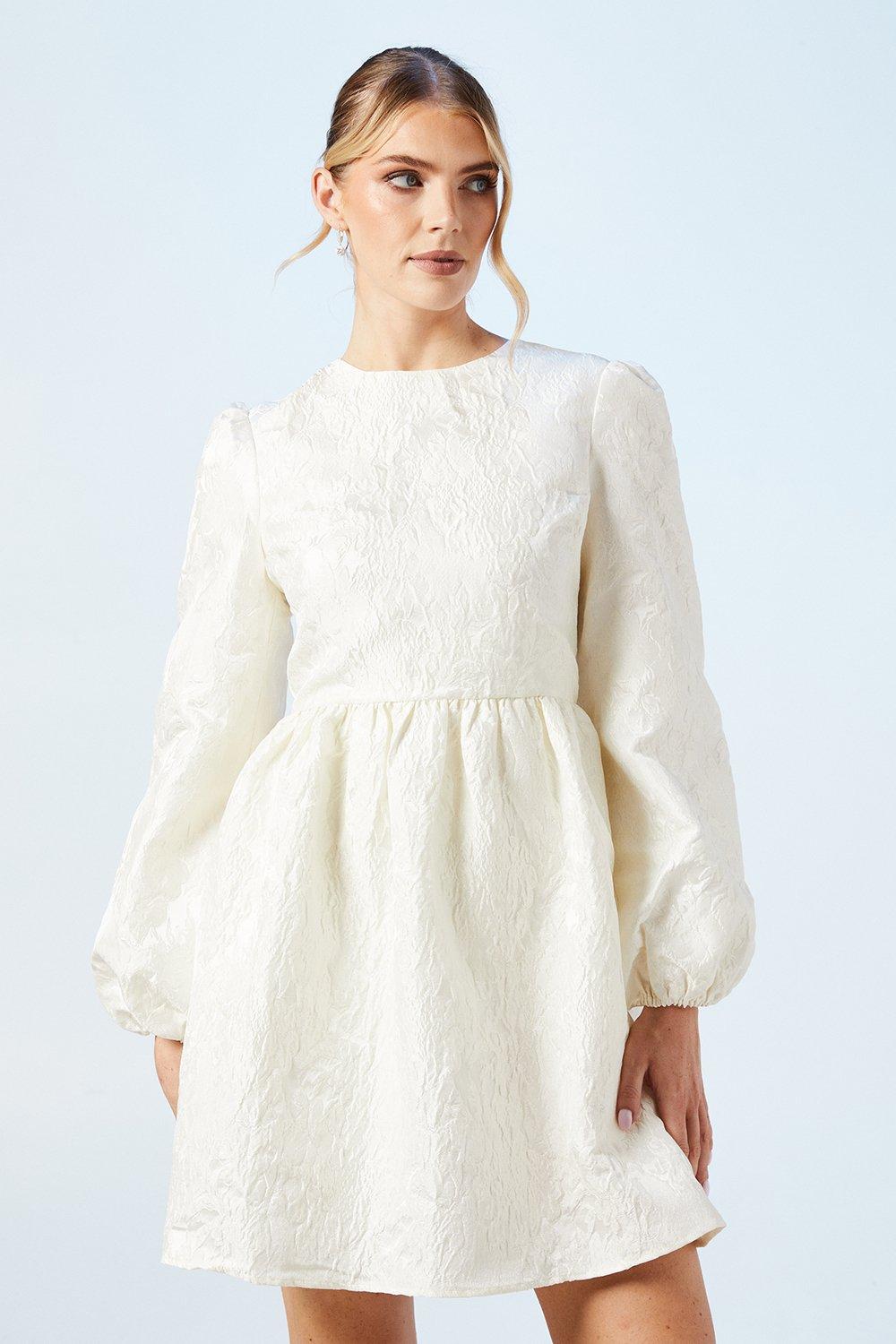 Oasis Womens Bridal Blouson Sleeve Jacquard Mini Dress - White - Size 10 UK
