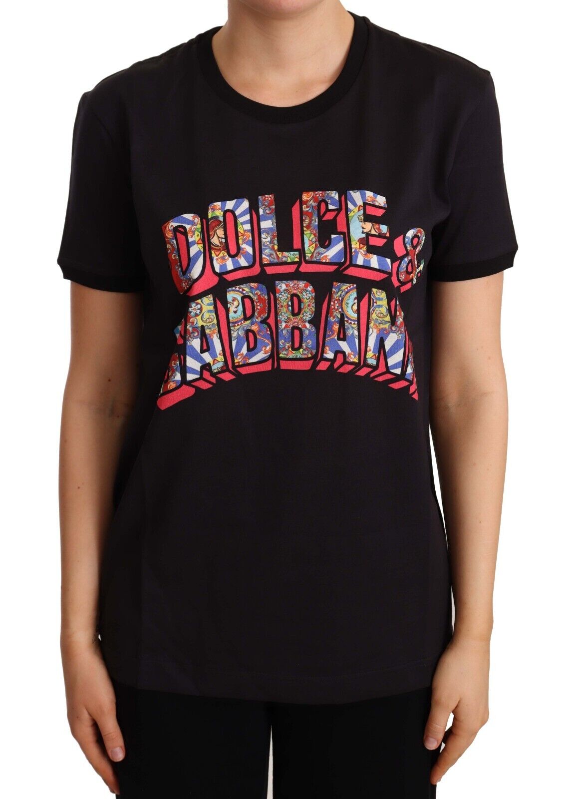 Dolce & Gabbana Womens Black Cotton Large Print Top Crewneck T-shirt – Size 12 UK