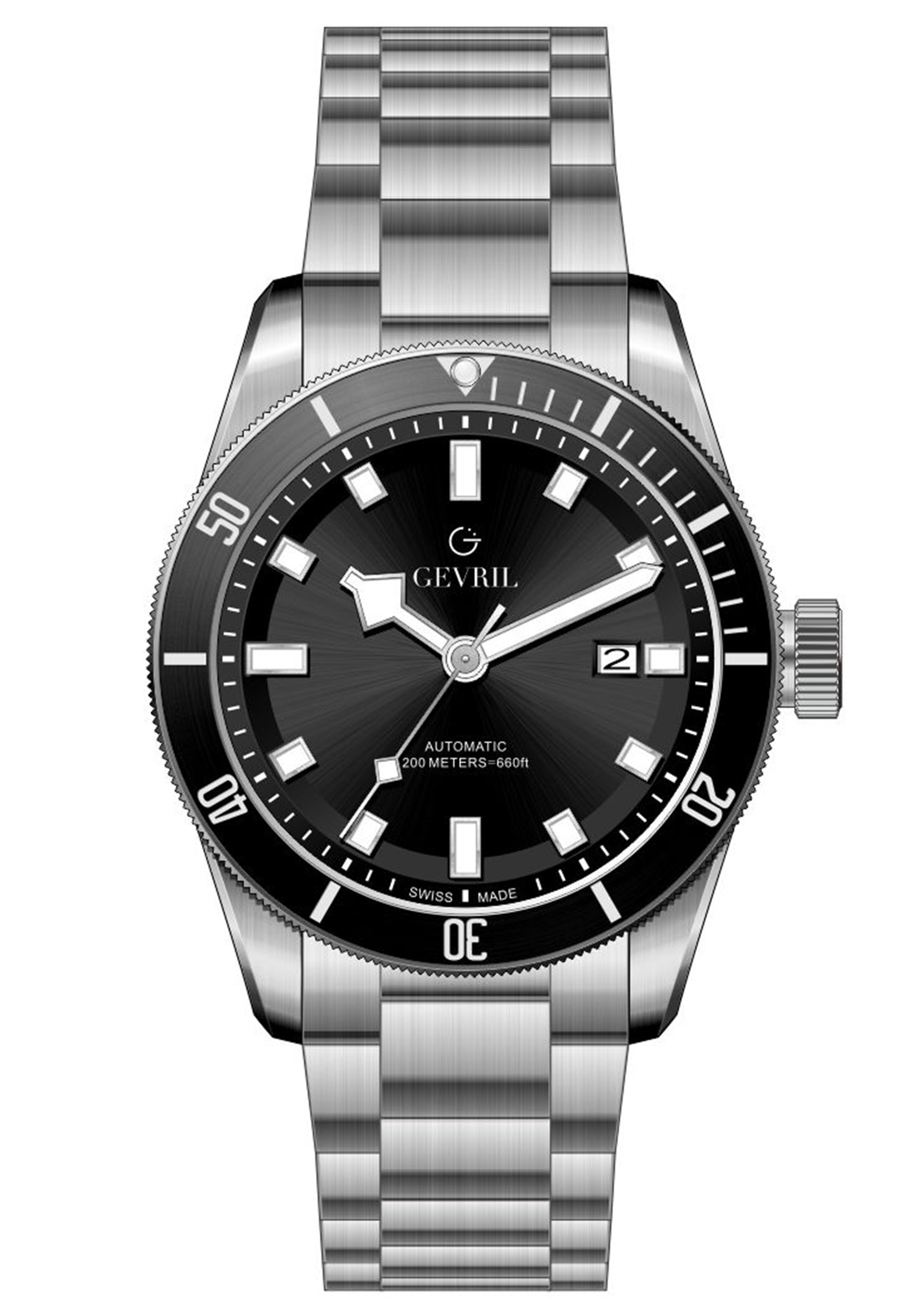 Gevril Mens Yorkville Swiss Automatic Sellita SW200 Black Dial Stainless Steel Watch – Silver – One Size