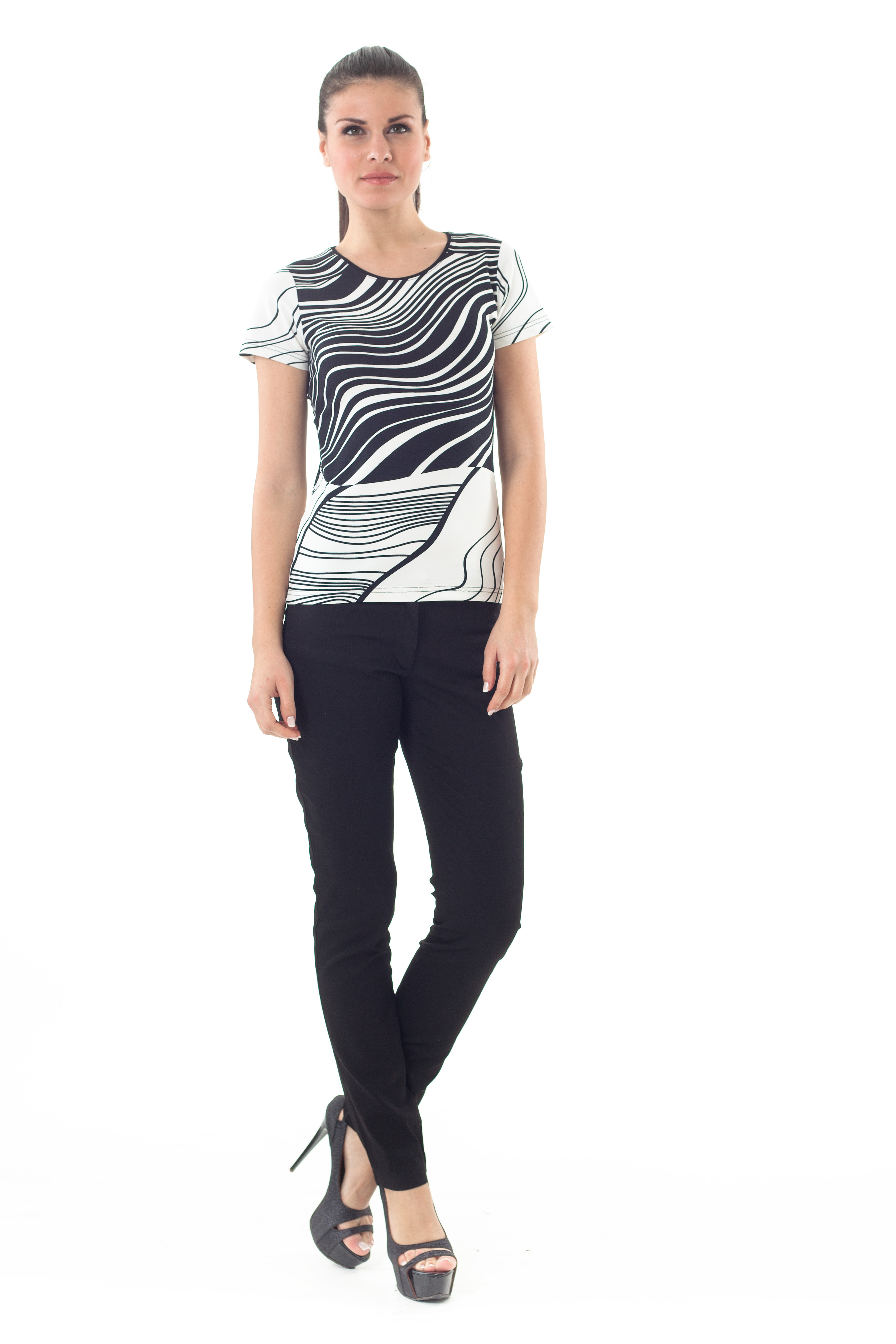 Thumbnail - Rundhalsausschnitt Print Top Schwarz