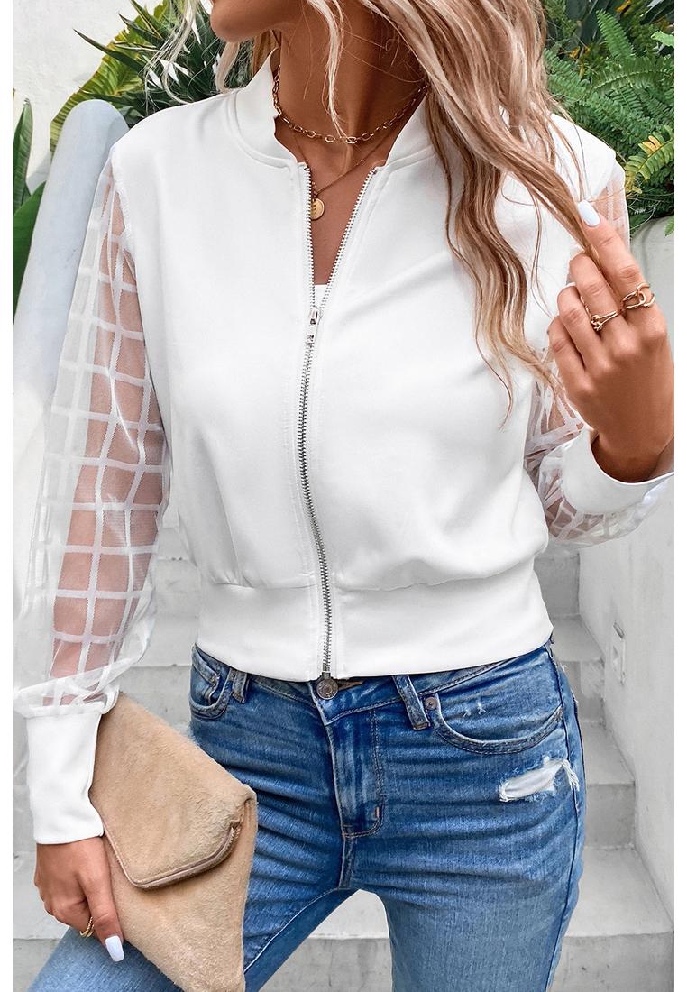 Azura Exchange WoMens Latticed Mesh Sleeve Zip Up Bomber Jacket in White Viscose - Size X-Large