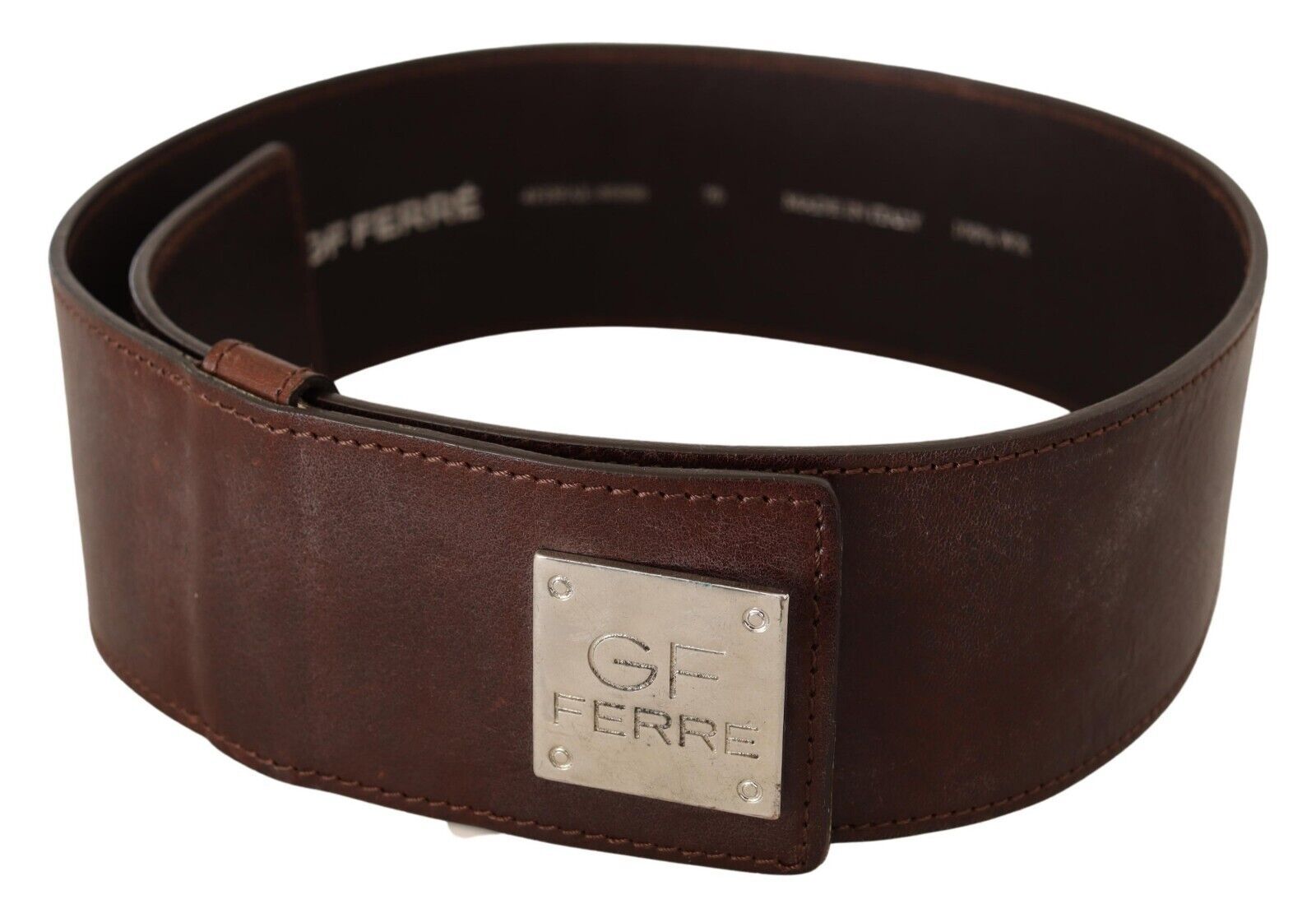 GF Ferre WoMens Brown Genuine Leather Wide Logo Buckle Waist Belt - Size 70 cm