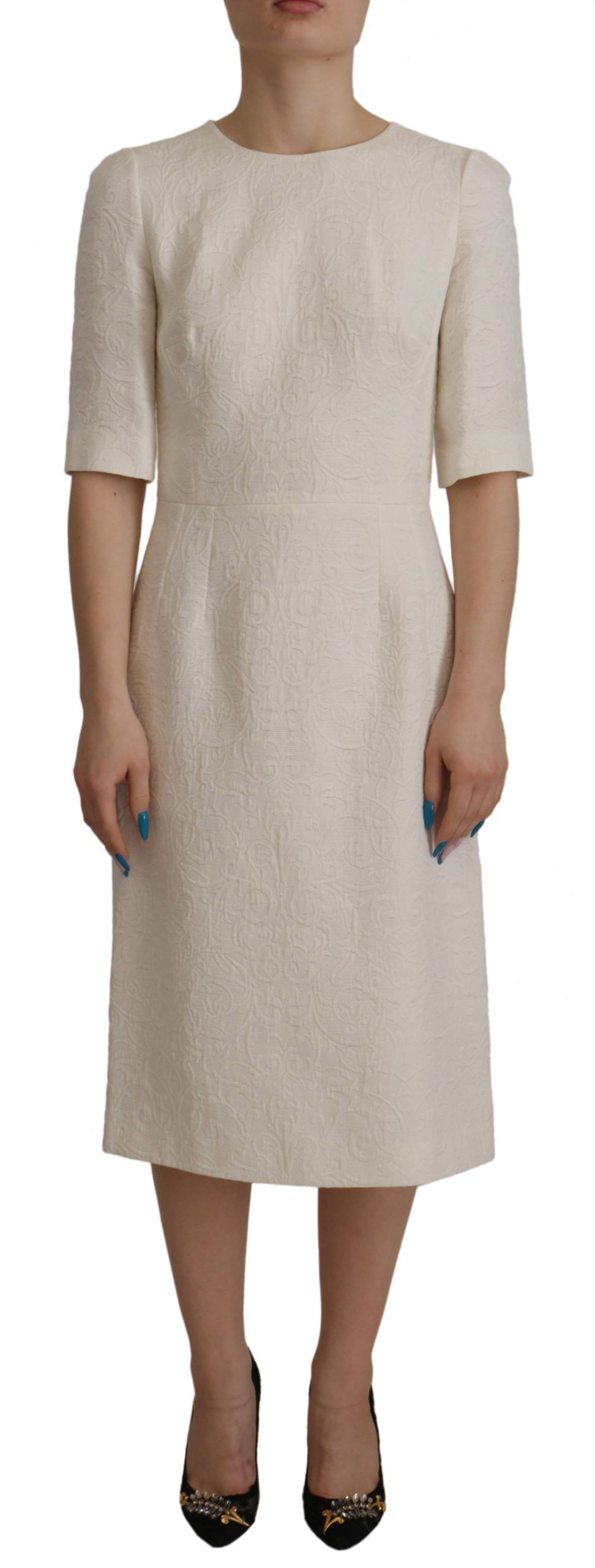 Dolce & Gabbana White Jaquard Midi Floral Sheath Brocade Womens Dress Cotton – Size X-Small