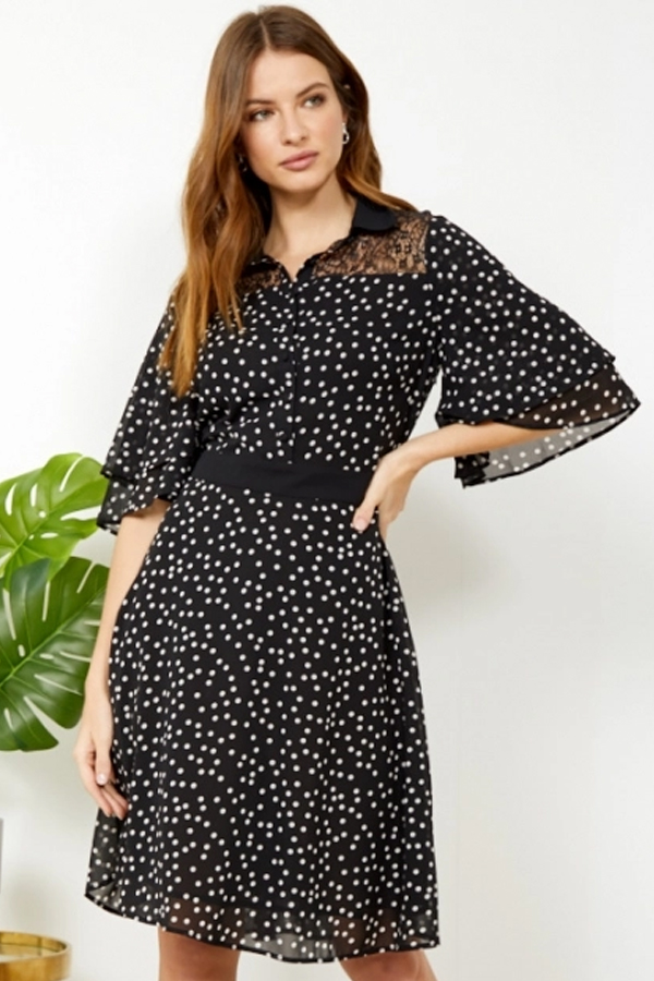 Sosandar Womens Black Polka Dot Lace Detail Shirt Dress - Size 8 UK