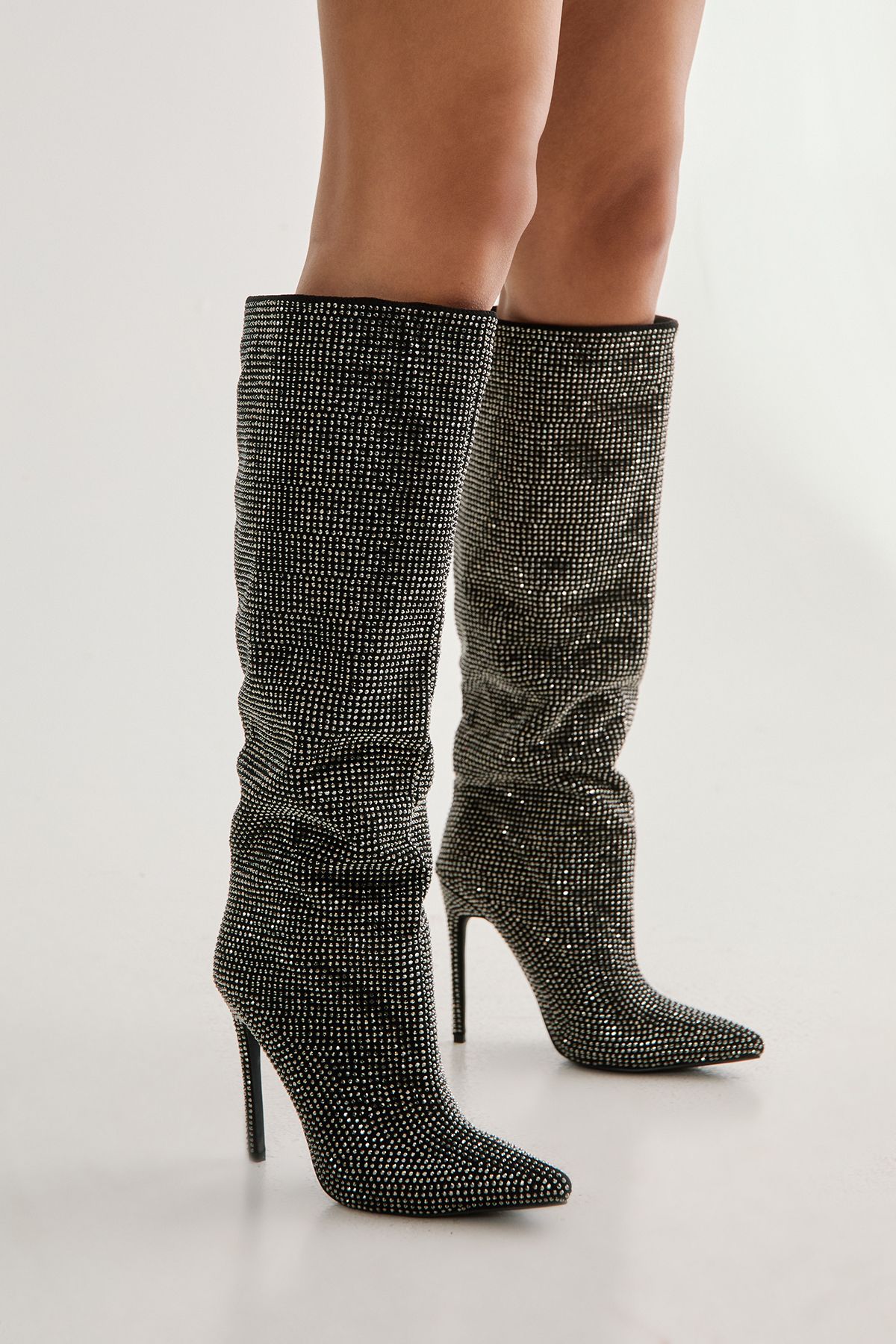 Nastygal Womens Diamante Embellished Knee High Heeled Boot – Black – Size UK 3