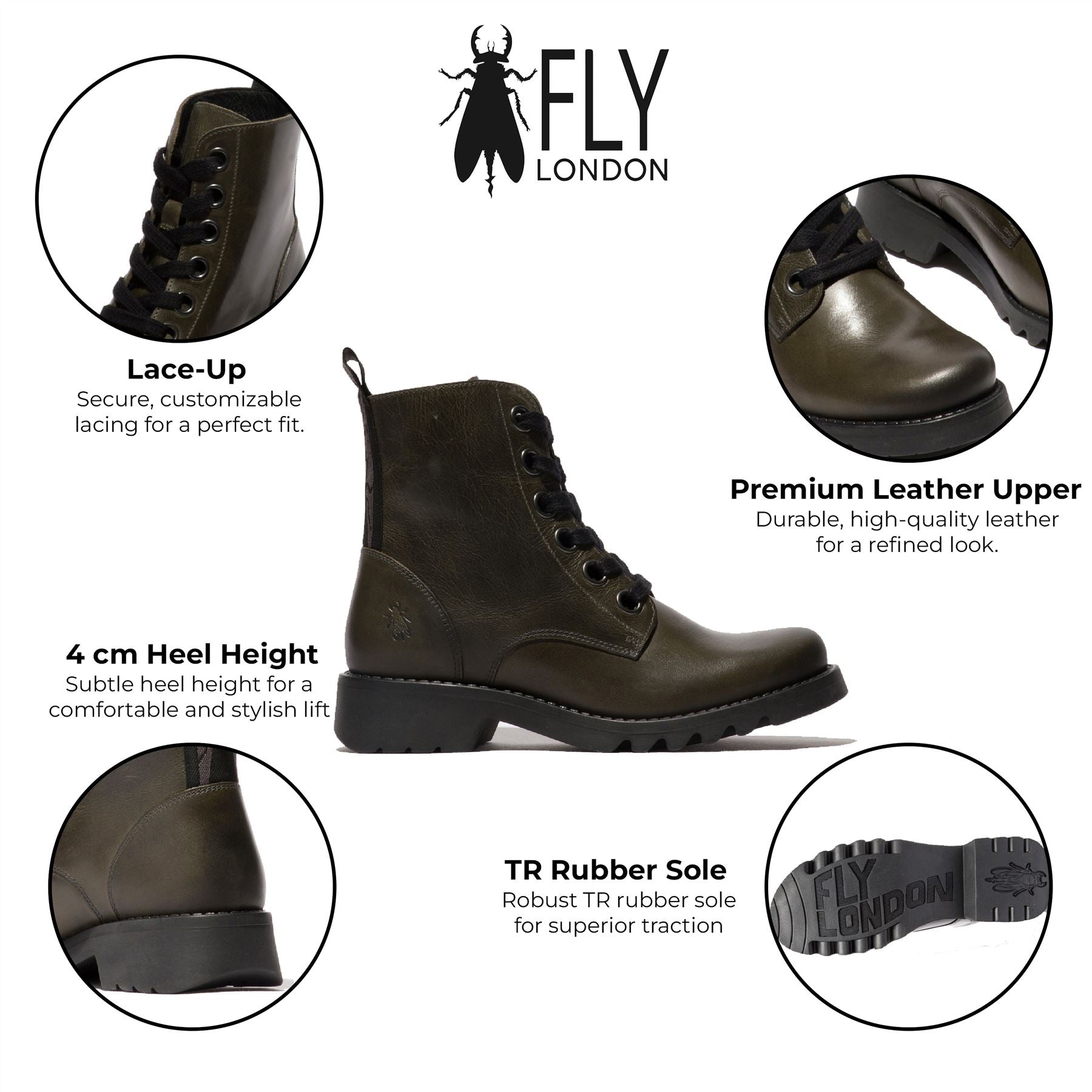 Fly London Womens Green RAGI539 Casual Rug Leather Lace-up Ankle Boots ankelboots dam – bild 2