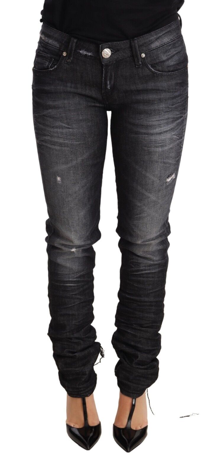 Thumbnail - Acht Schwarz Gewaschene Baumwoll Niedrigbund Skinny Jeans
