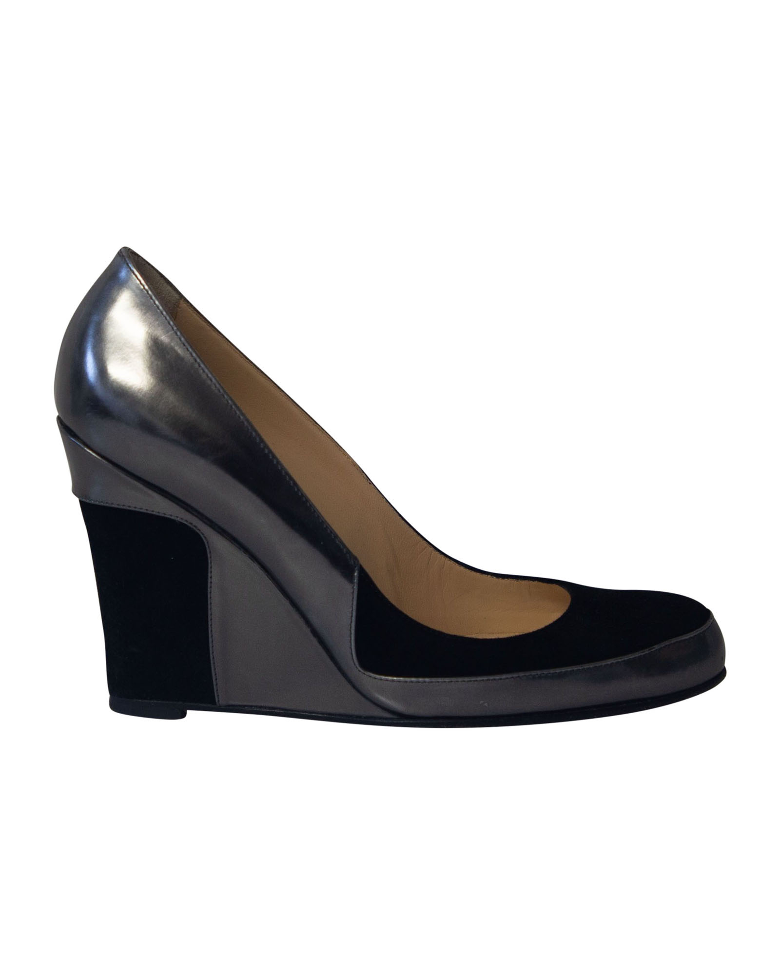 Christian Louboutin Pre-owned Womens Metallic Wedge Pumps in Grey Leather – Size 38.5 EU/IT