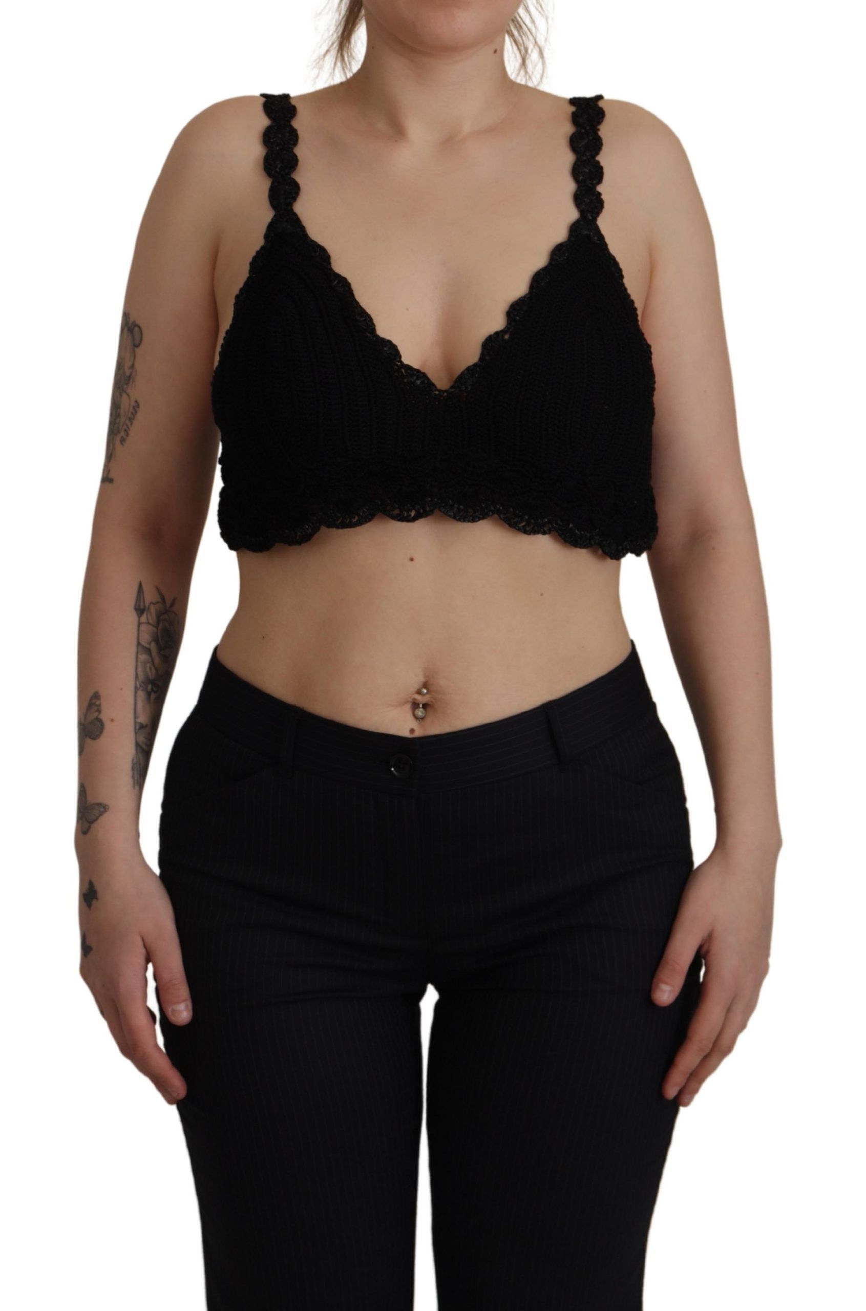 Dolce & Gabbana Black Cotton Bustier Cropped Crochet Tank Womens Top – Size X-Small