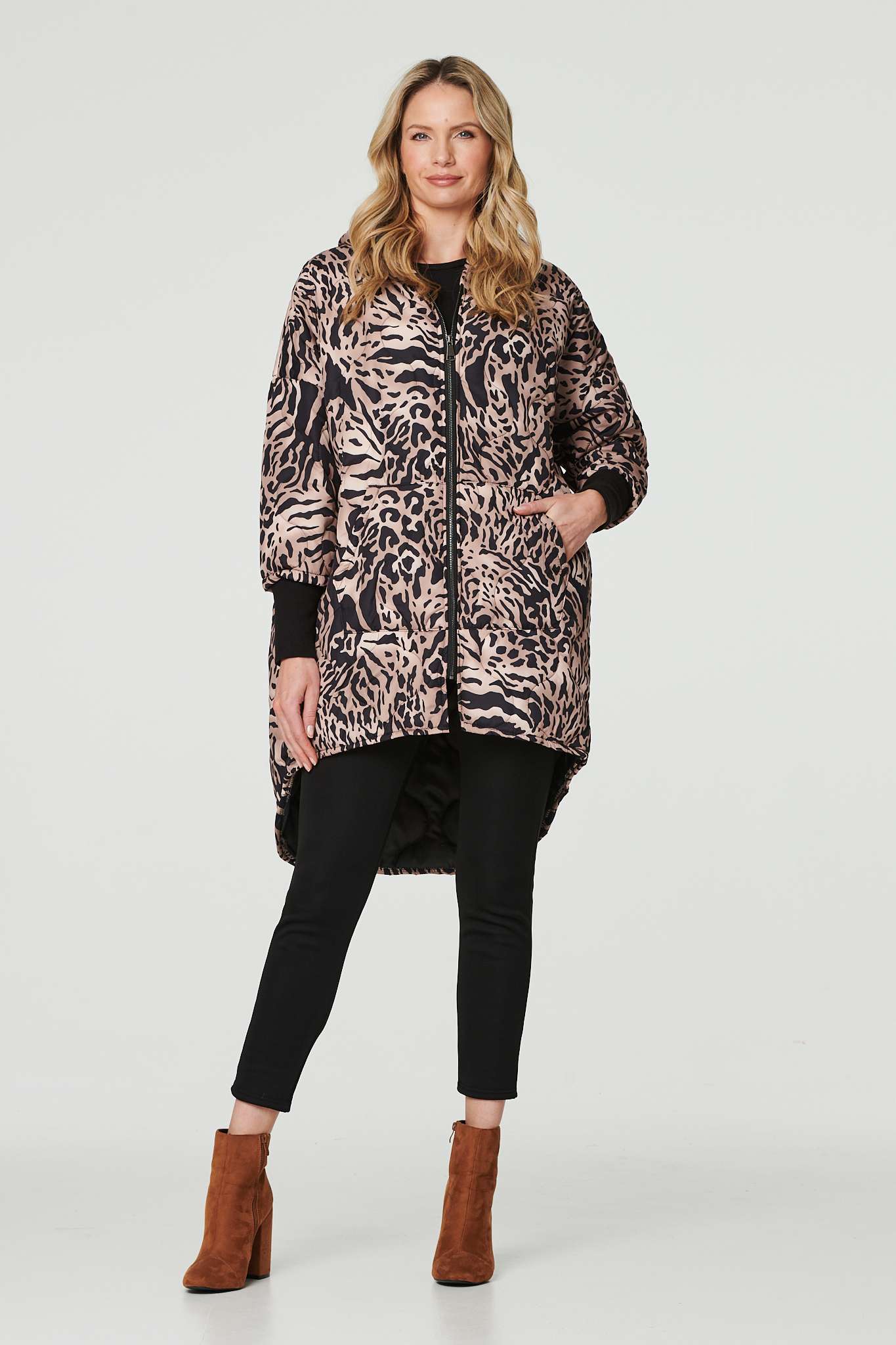 Izabel London Women's Beige Printed Zip Front High Low Coat In | : Medium - Image 2