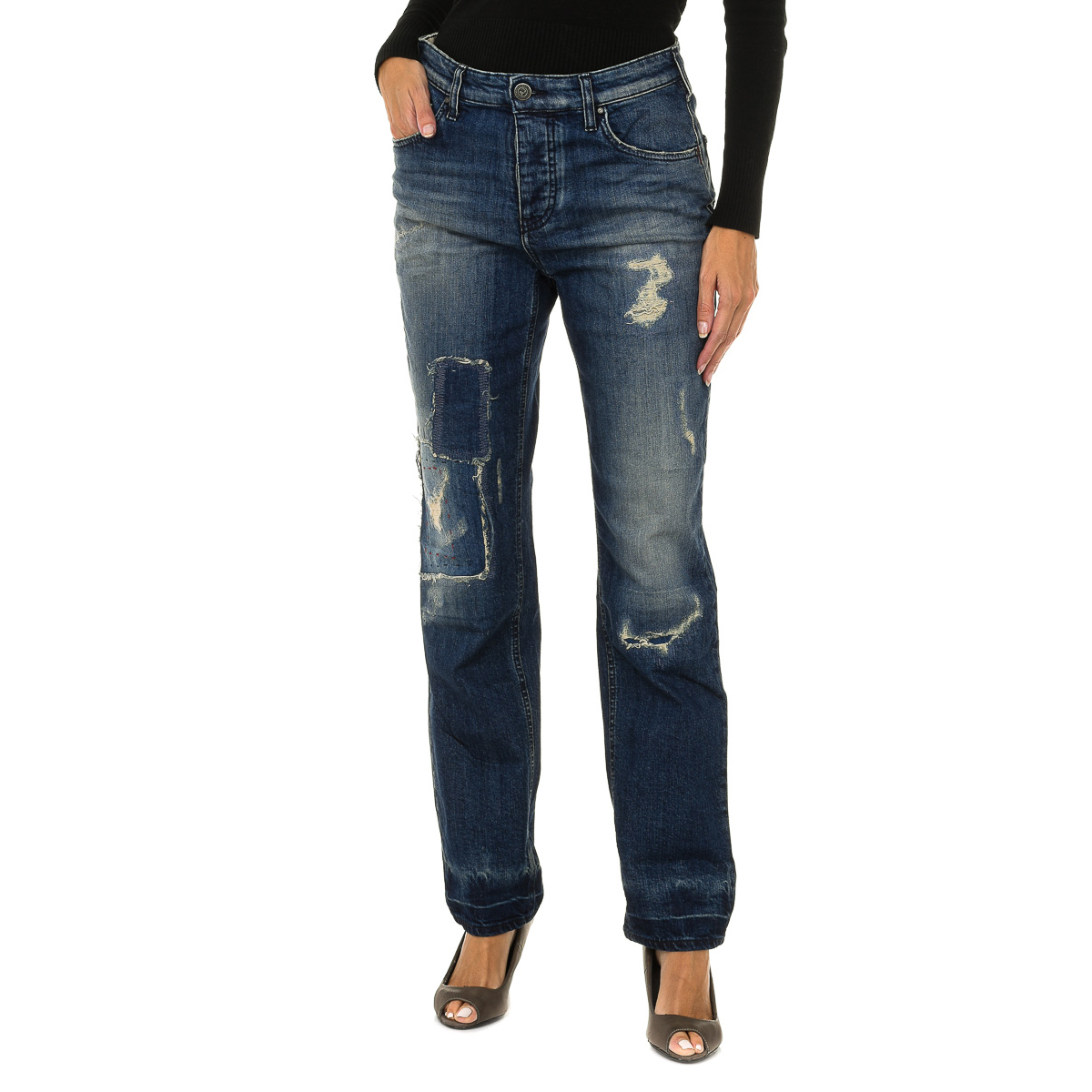 Frauen lange getragen und zerrissen Effekt Denim Hosen 6Y5990-5D3UZ