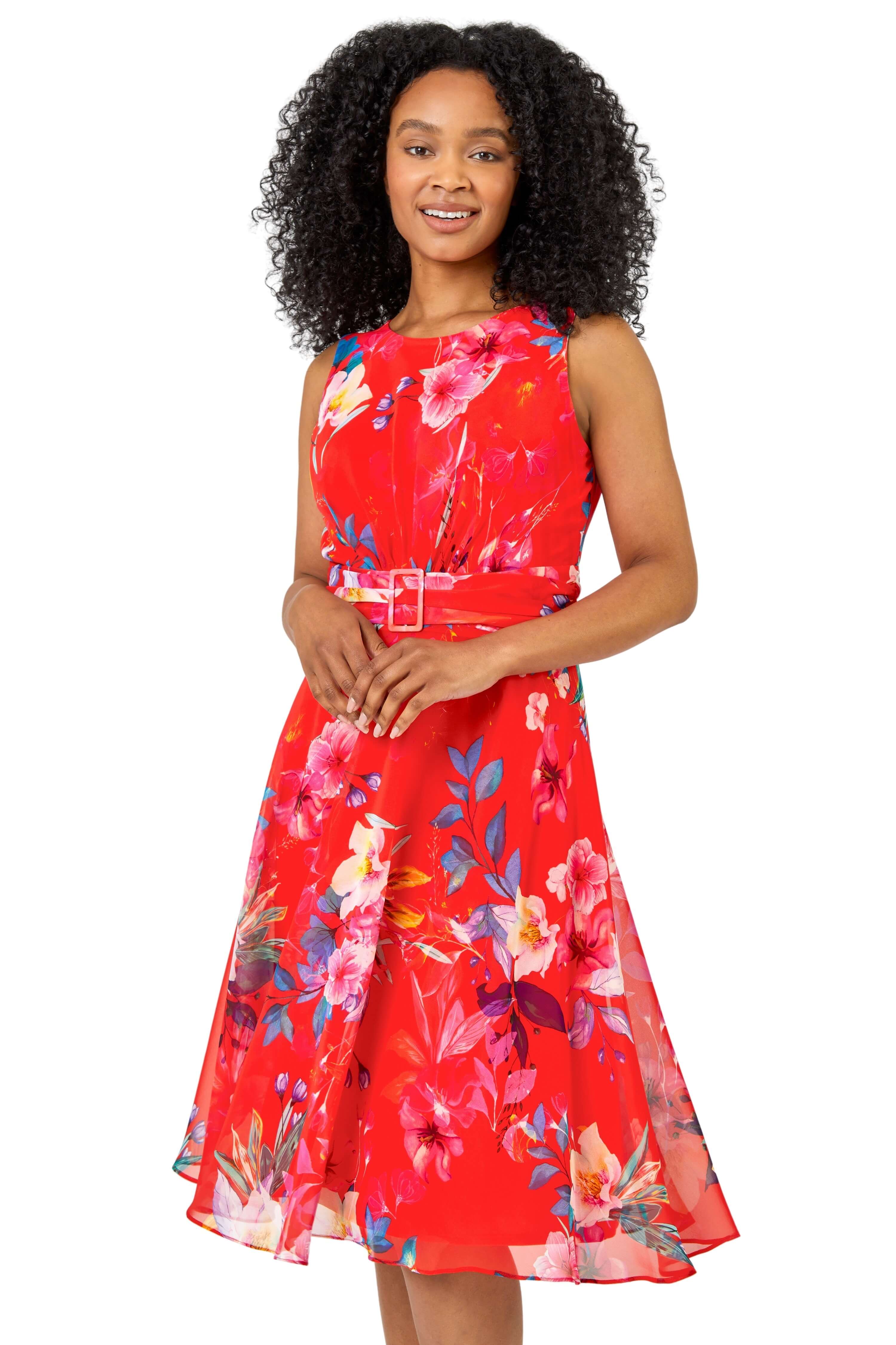 Roman Petite Womens Floral Print Buckle Detail Dress - Coral - Size 18 UK