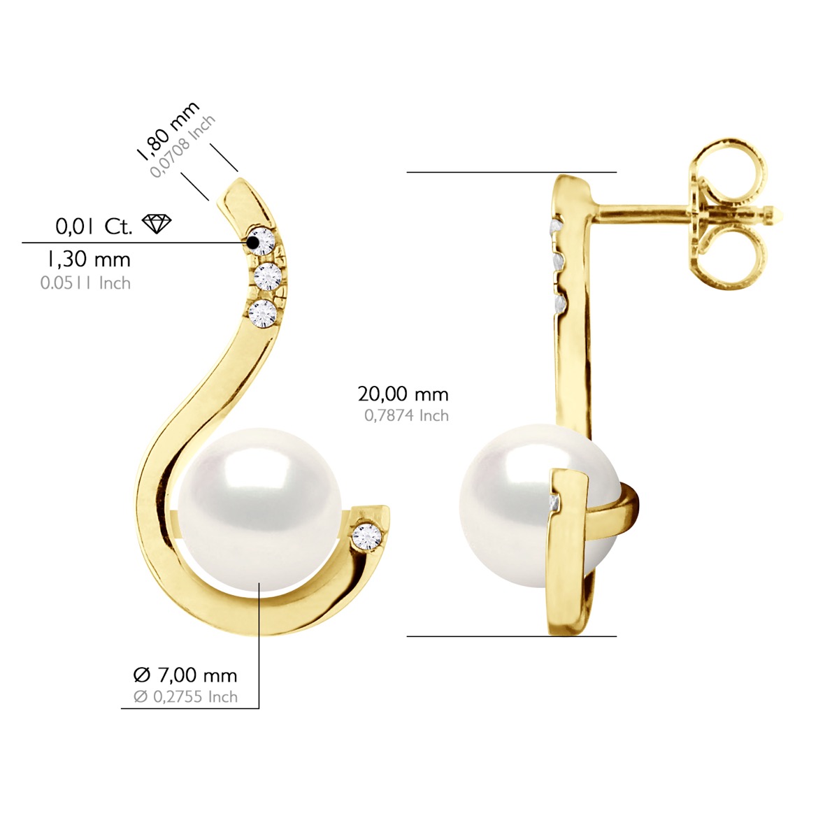 Ateliers Saint Germain Örhängen Prestige Diamanter 0,08 Cts Kvalitet HSI Vitguld Äkta odlade sötvattenspärlor runda 7-8 mm dam – bild 2