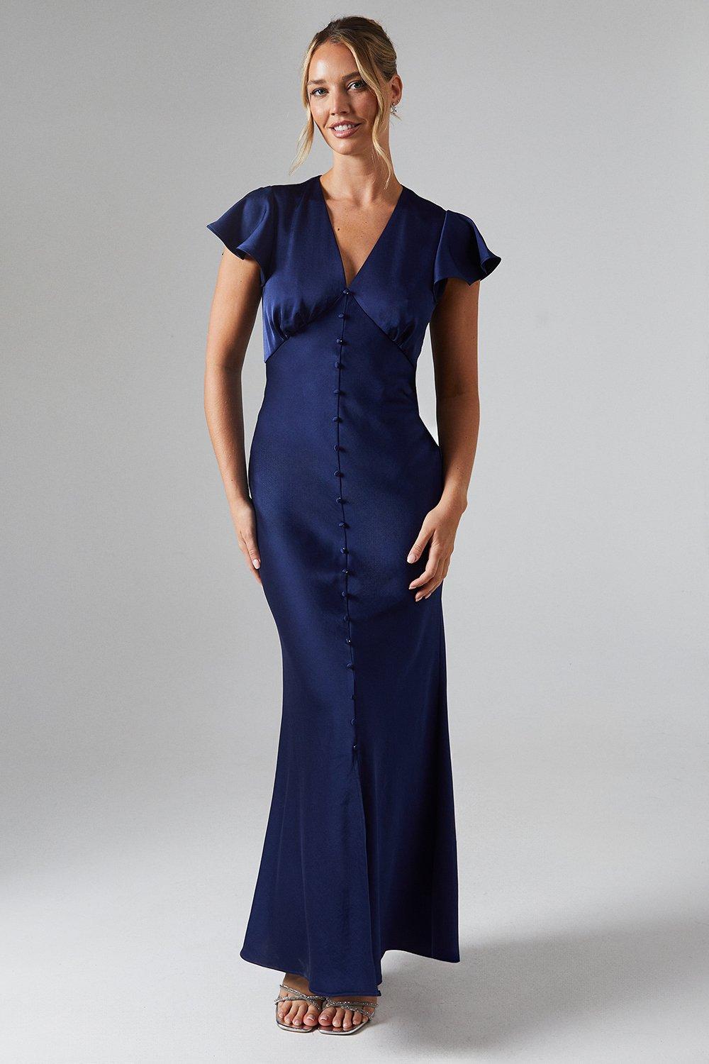 Oasis Womens Button Detail V Neck Satin Bridesmaids Midaxi Dress - Navy - Size 10 UK