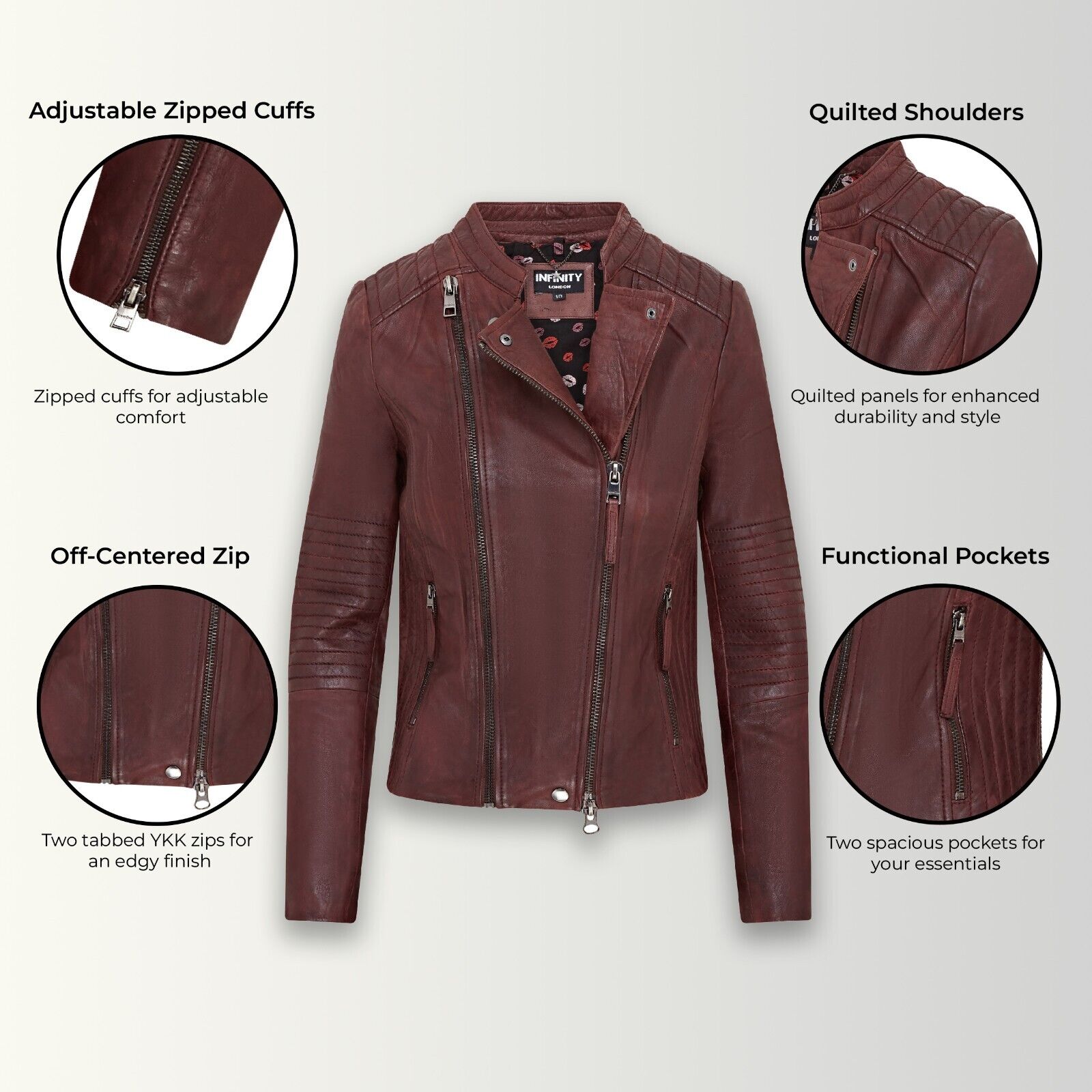 Infinity Leather Womens Burgundy Biker Leather Jacket Delhi skinnjackor dam – bild 2