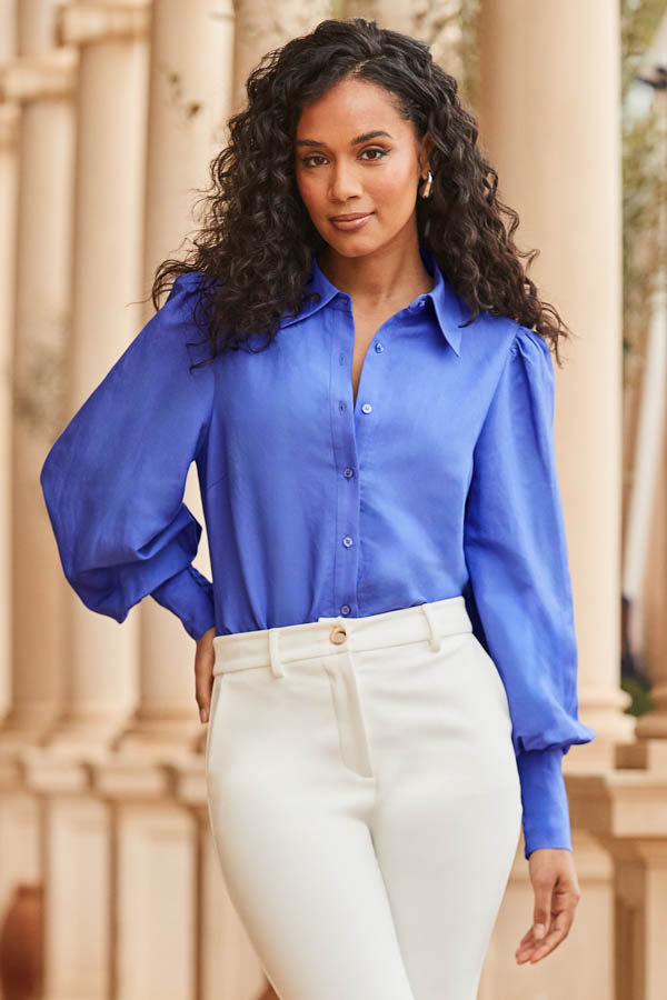 Sosandar Womens Purple Linen Blend Blouson Sleeve Shirt - Size 16 UK