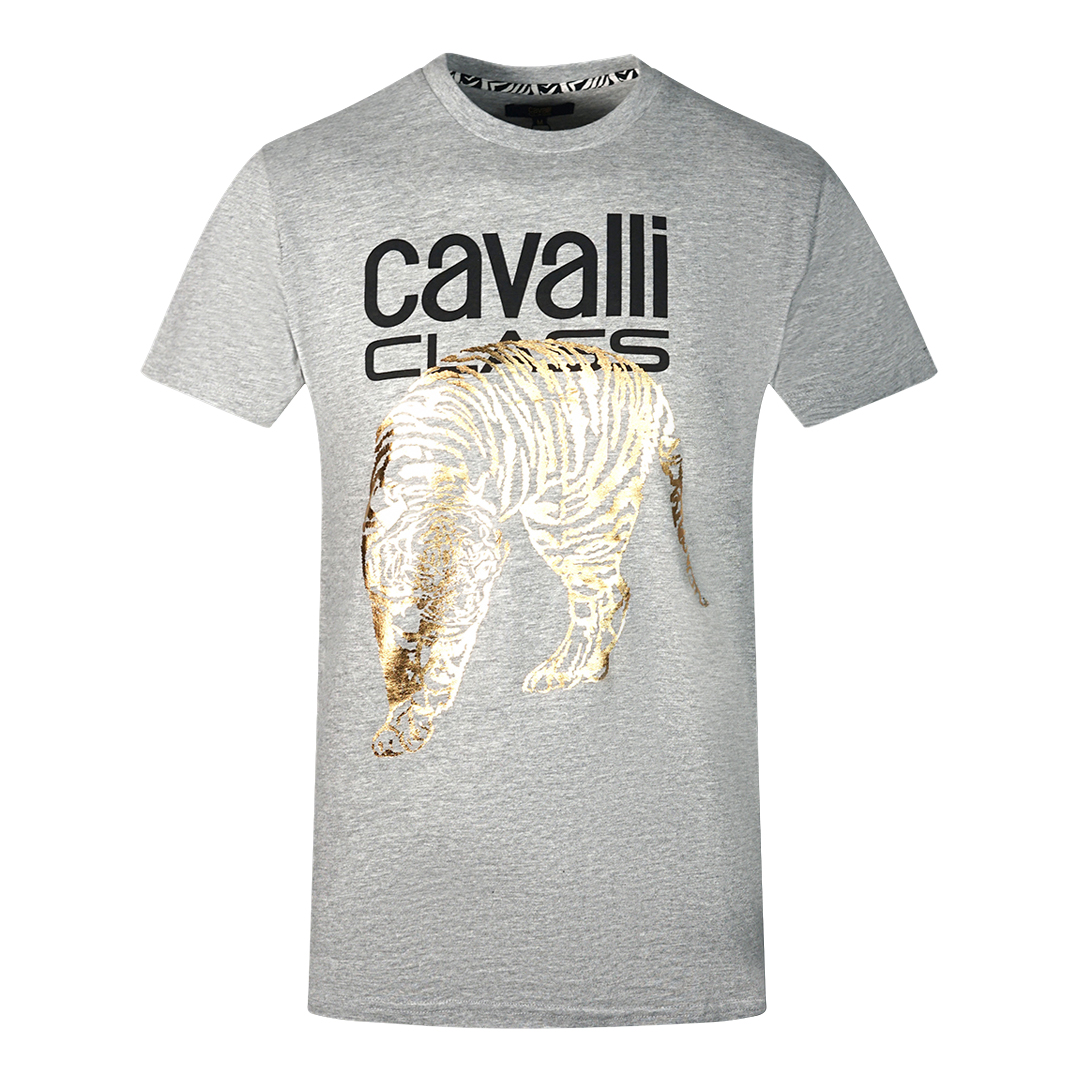 Thumbnail - Cavalli Class großes graues T-Shirt mit goldenem Tiger-Schablonenlogo
