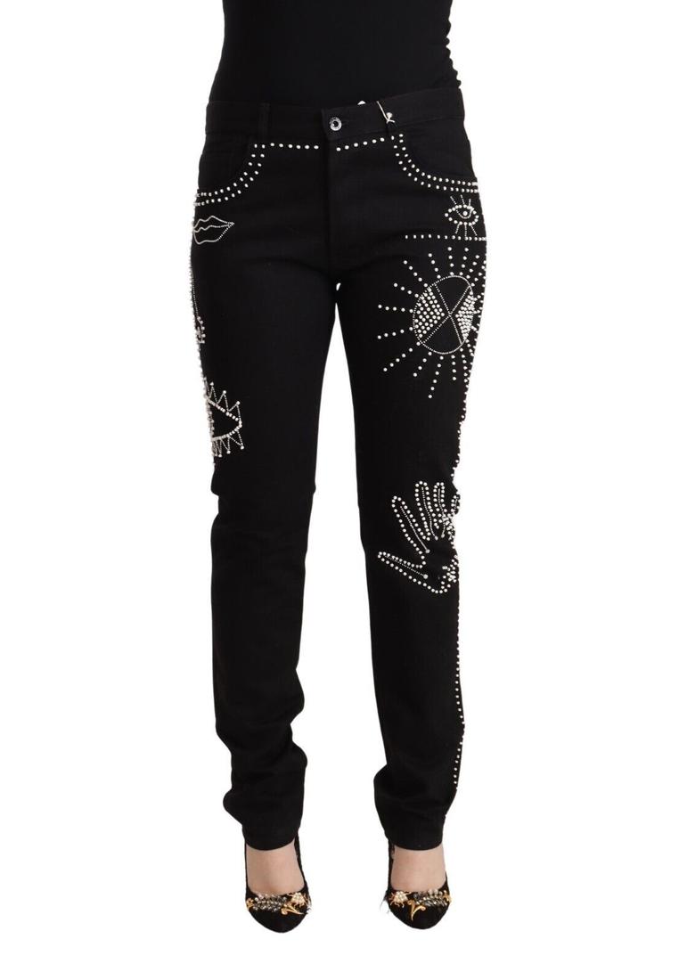 Valentino WoMens Black Cotton Mid Waist Embellished Slim Fit Jeans material_cotton - Size 30 (Waist)