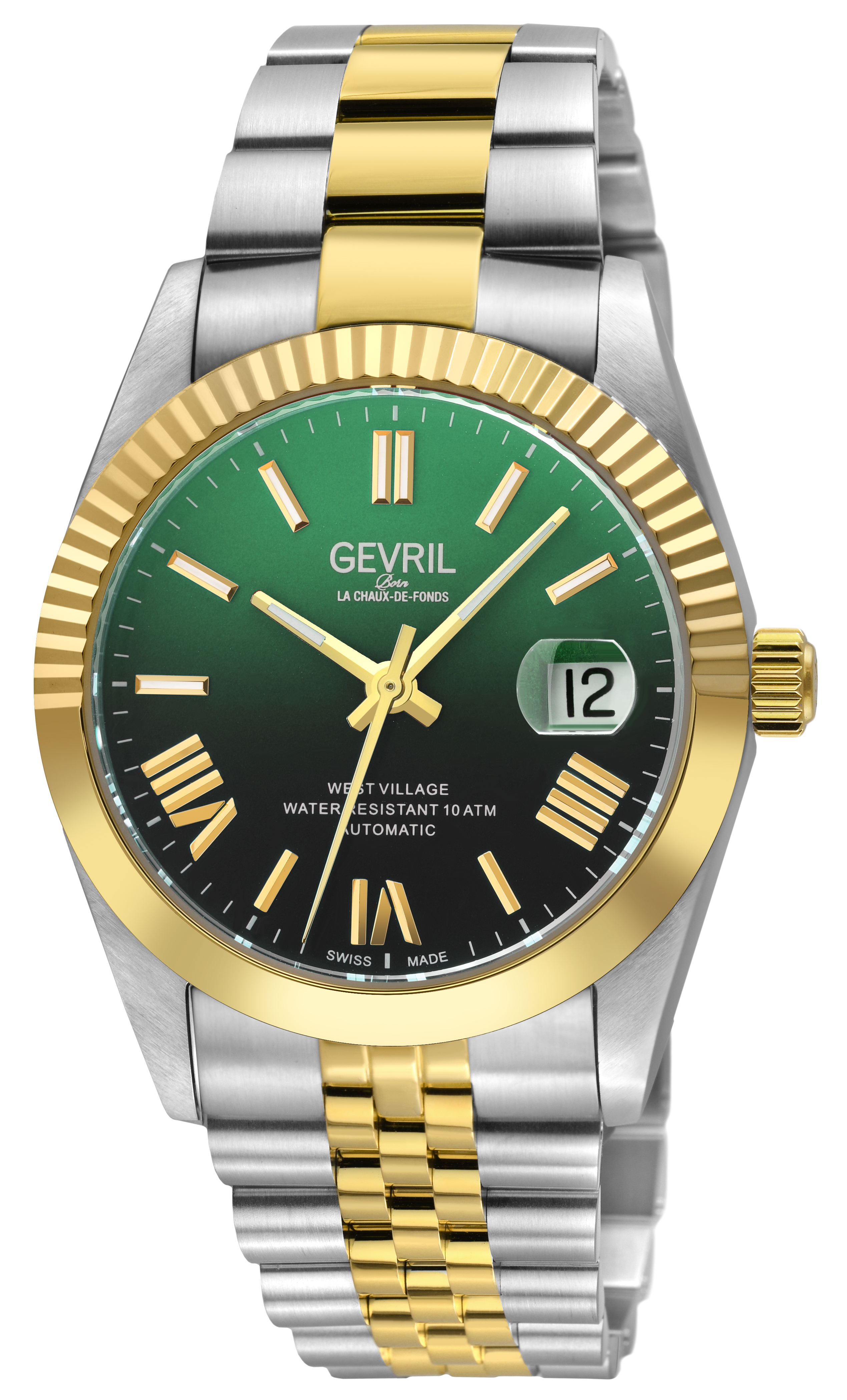 Gevril Mens Automatic West Village Fusion Elite Swiss Sellita SW200 Verdant Obsidian Gradient Dial, Satin and Polished Bracelet – Silver & Gold – One Size