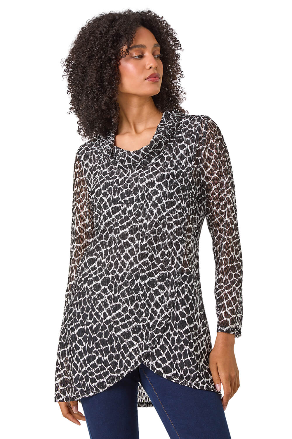 Roman Womens Abstract Print Cowl Neck Stretch Top - Black - Size 18 UK