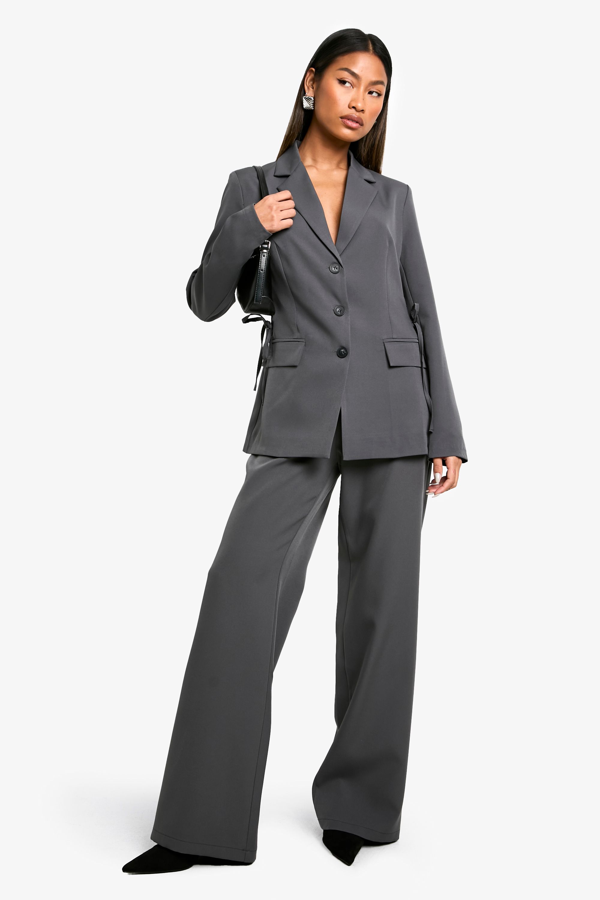 Boohoo Womens Marl Pleated Straight Leg Tailored Trouser - Charcoal - Size 8 UK