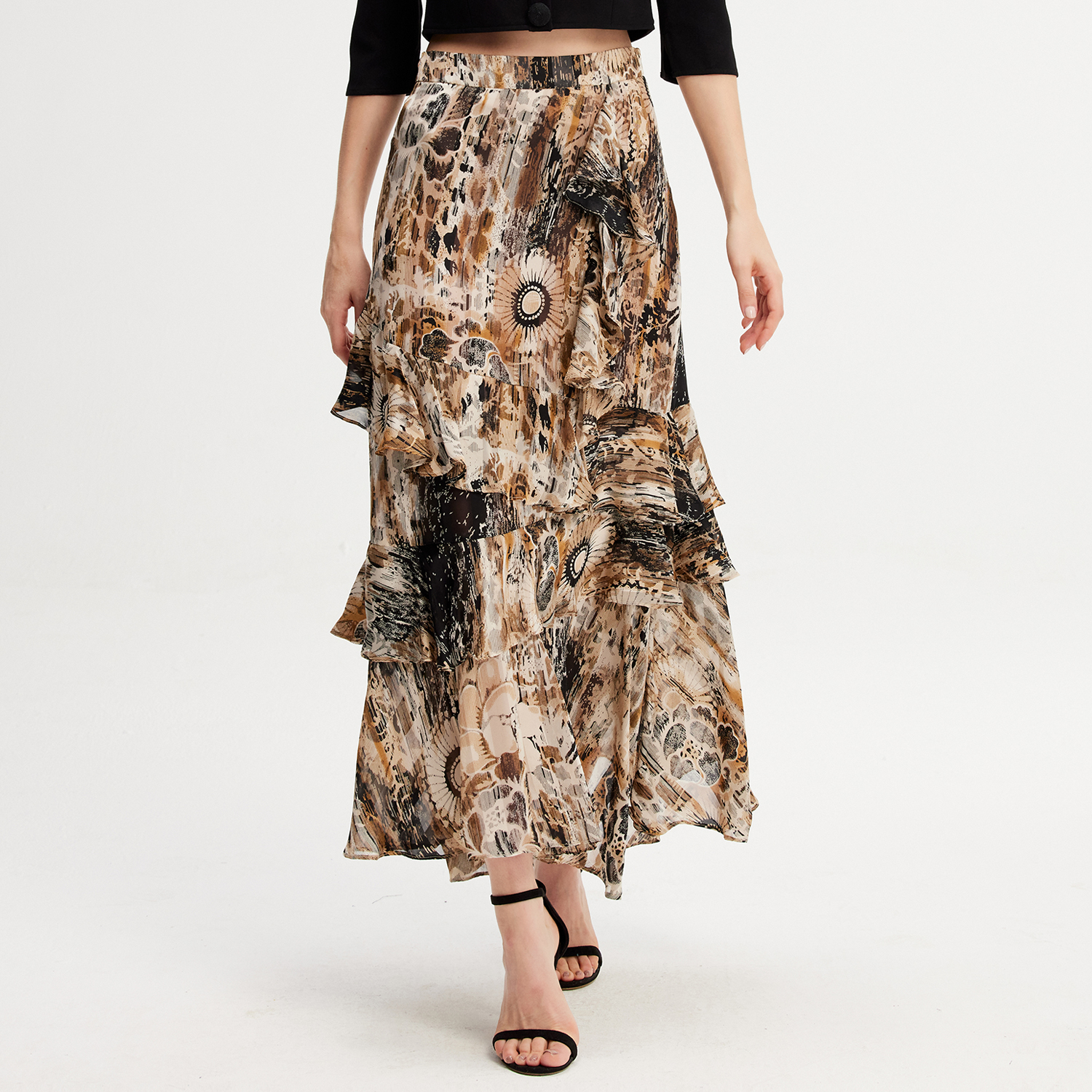 Lange Chiffon Rok Met Ruches Bloemenprint - Maat M-image