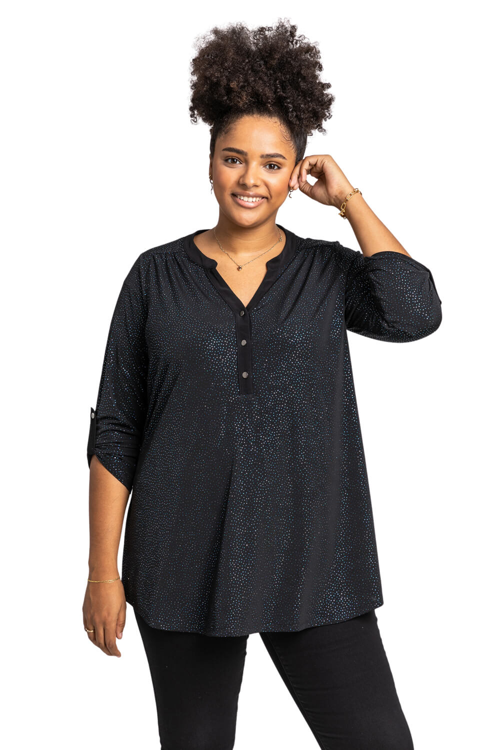 Roman Curve Womens Glitter Button Top - Blue - Size UK 30-32