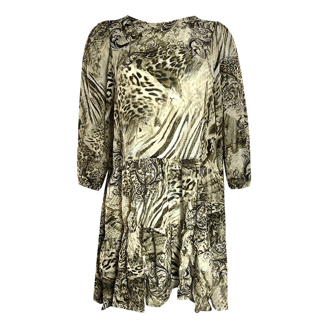 Thumbnail - Inoa Makucha Panthera 1202117 Mehrlagiges Kleid aus brauner Seide mit Ruschen