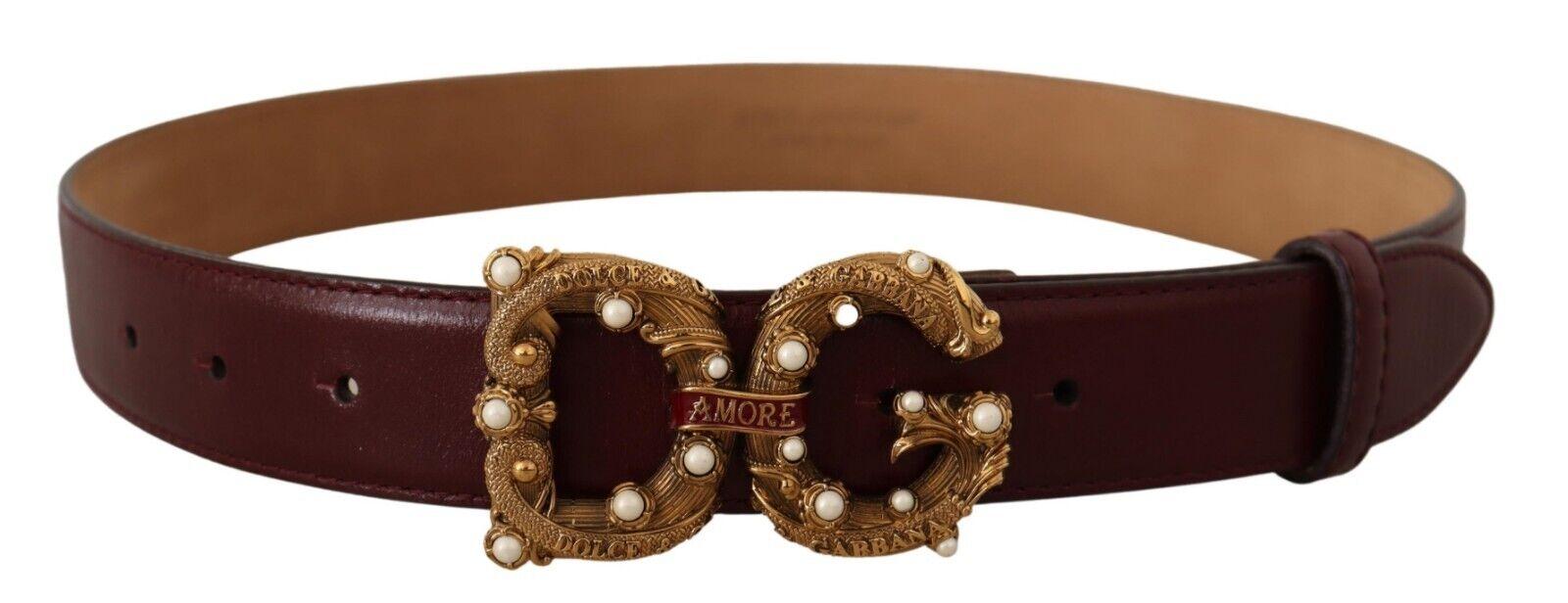 Dolce & Gabbana Womens Amore Leather Belt with Vintage-Brass Logo Buckle - Bordo - Size 75 cm