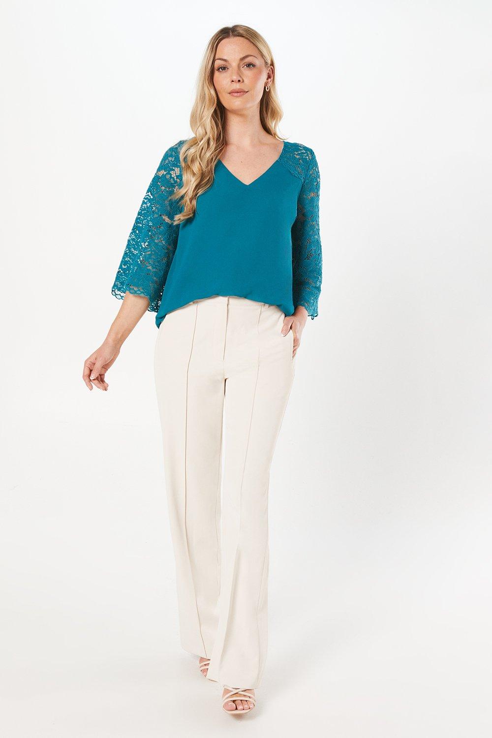 Wallis Womens Lace Trim Asymmetric Hem Top - Teal - Size 16 UK