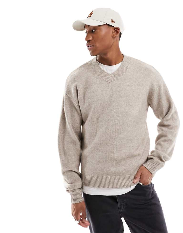Jack & Jones Mens oversize v neck in beige-Neutral - Brown - Size Small