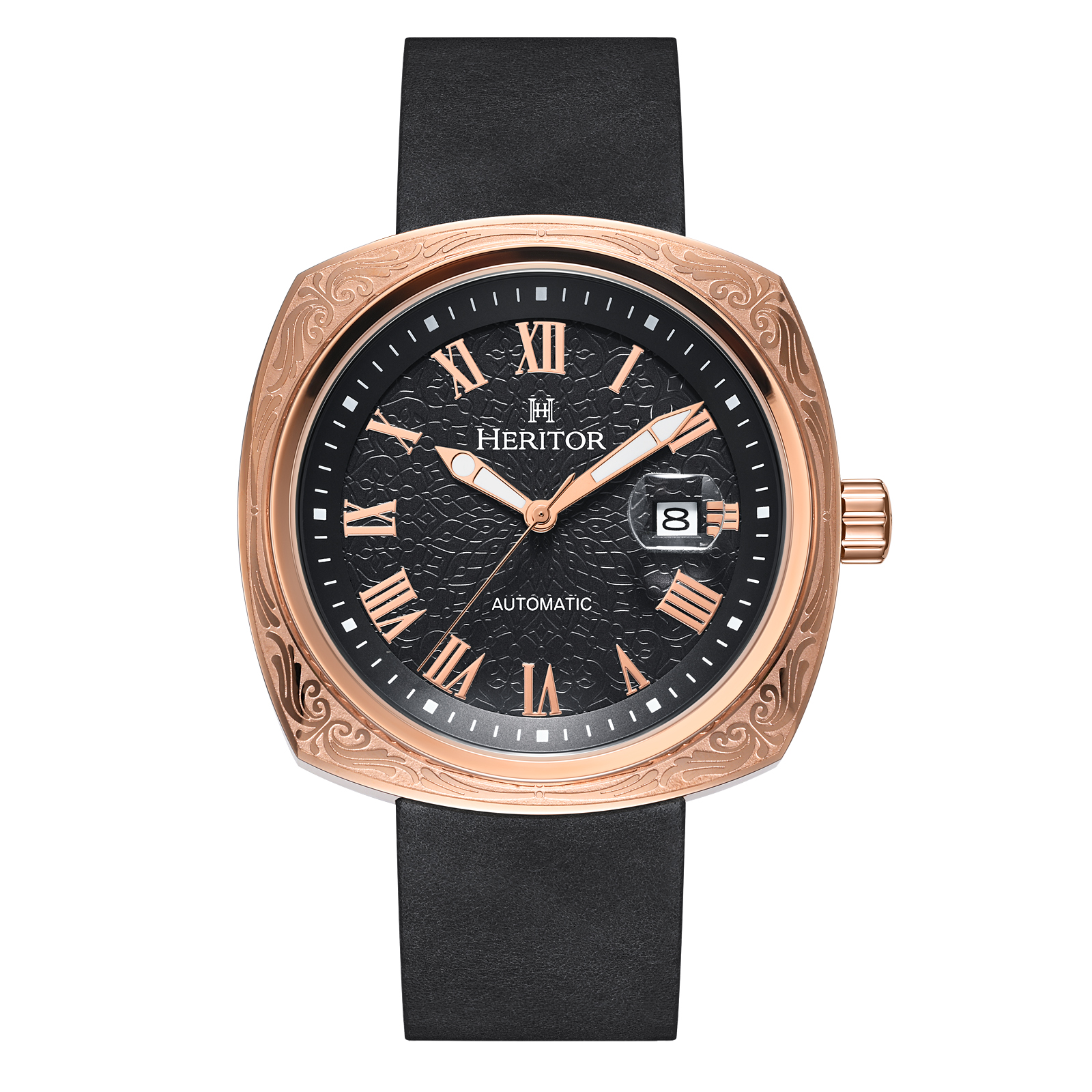 Thumbnail - Montre automatique Heritor Davenport avec boîtier gravé et bracelet en cuir avec date