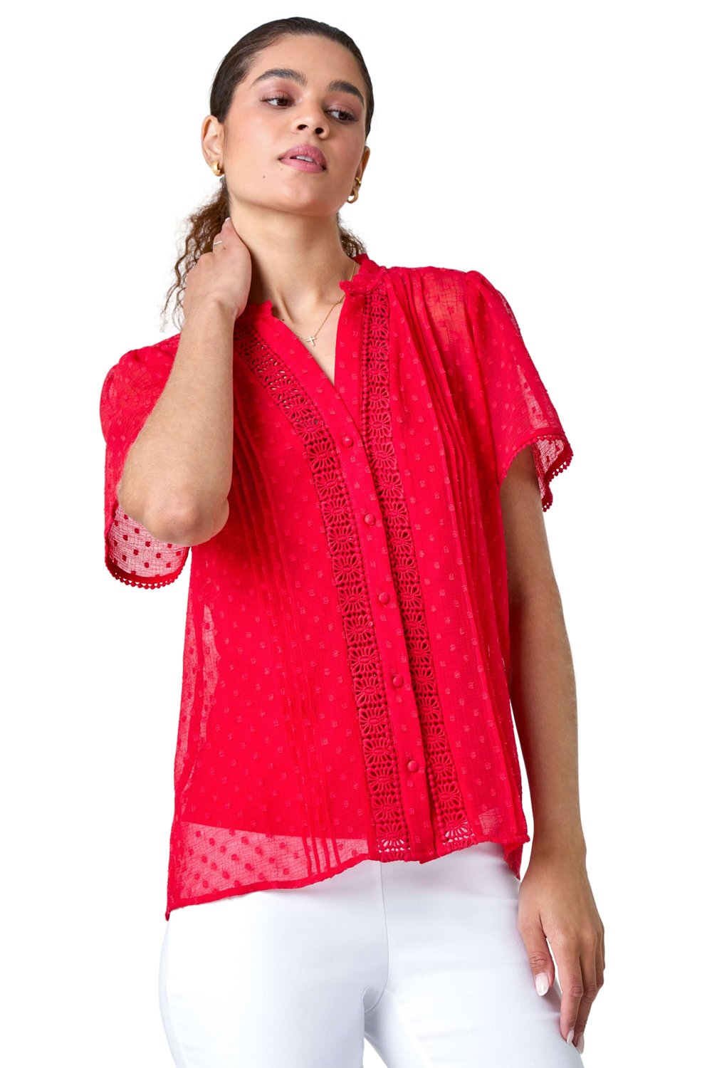 Roman Womens Textured Spot Lace Trim Blouse - Red - Size 12 UK