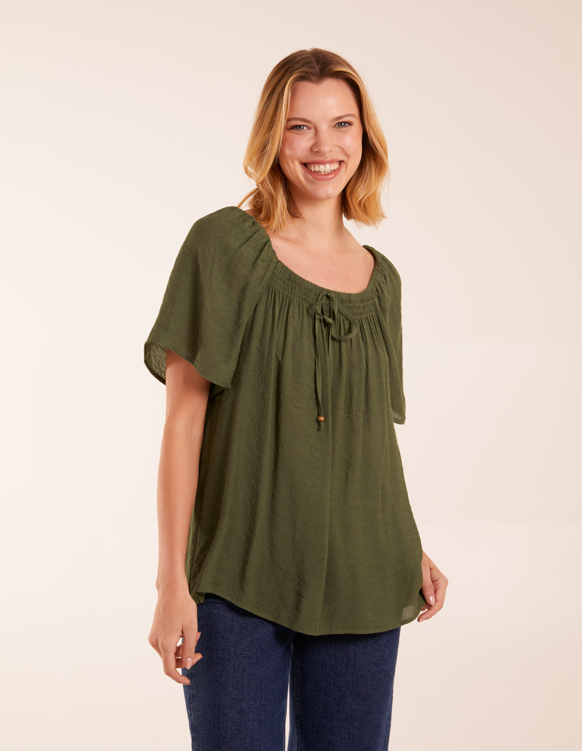 Blue Vanilla Womens Milkmaid Shirred Swing Top - Khaki - Size Small