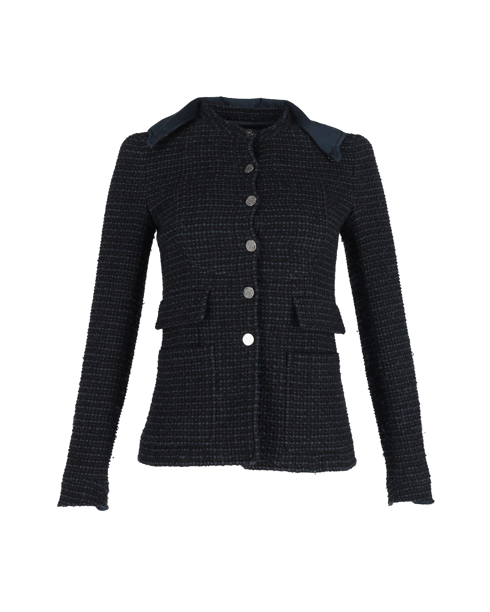 Chanel Boucle Tweed Fitted Jacket med Avtagbar Krage i Marinblått Bomull