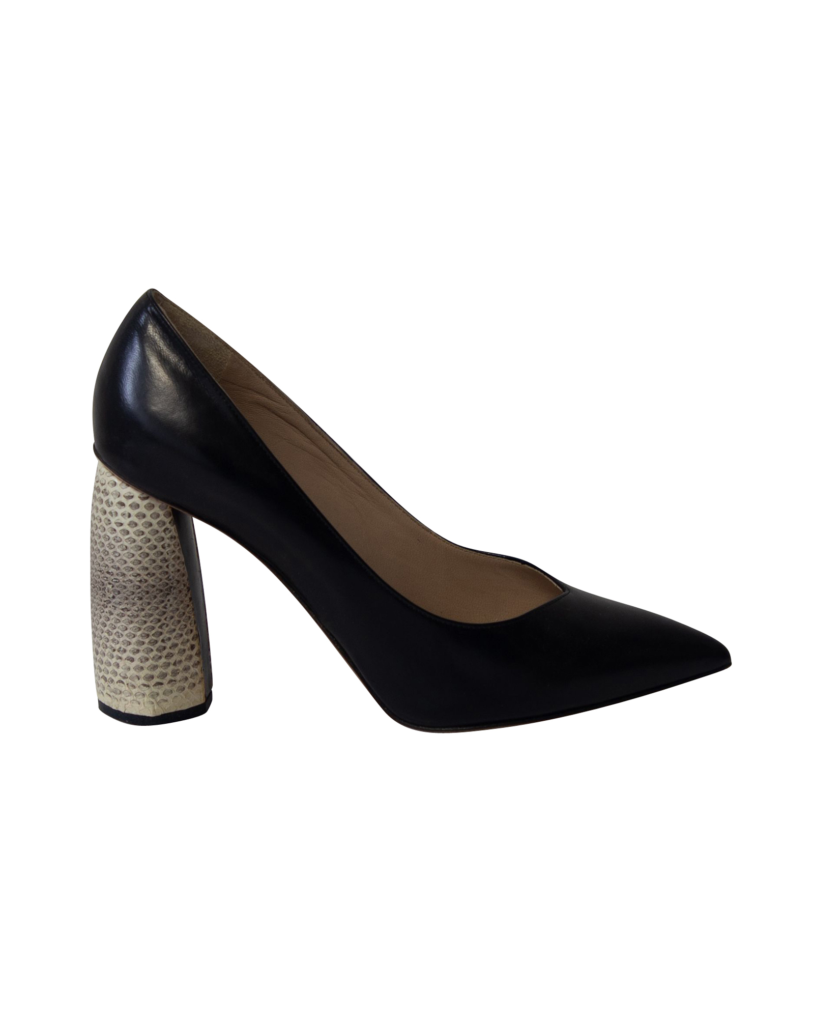 Marc Jacobs Pre-owned Womens Print Block Heel Pointed Court Shoes in Black Leather – Size EU 38
