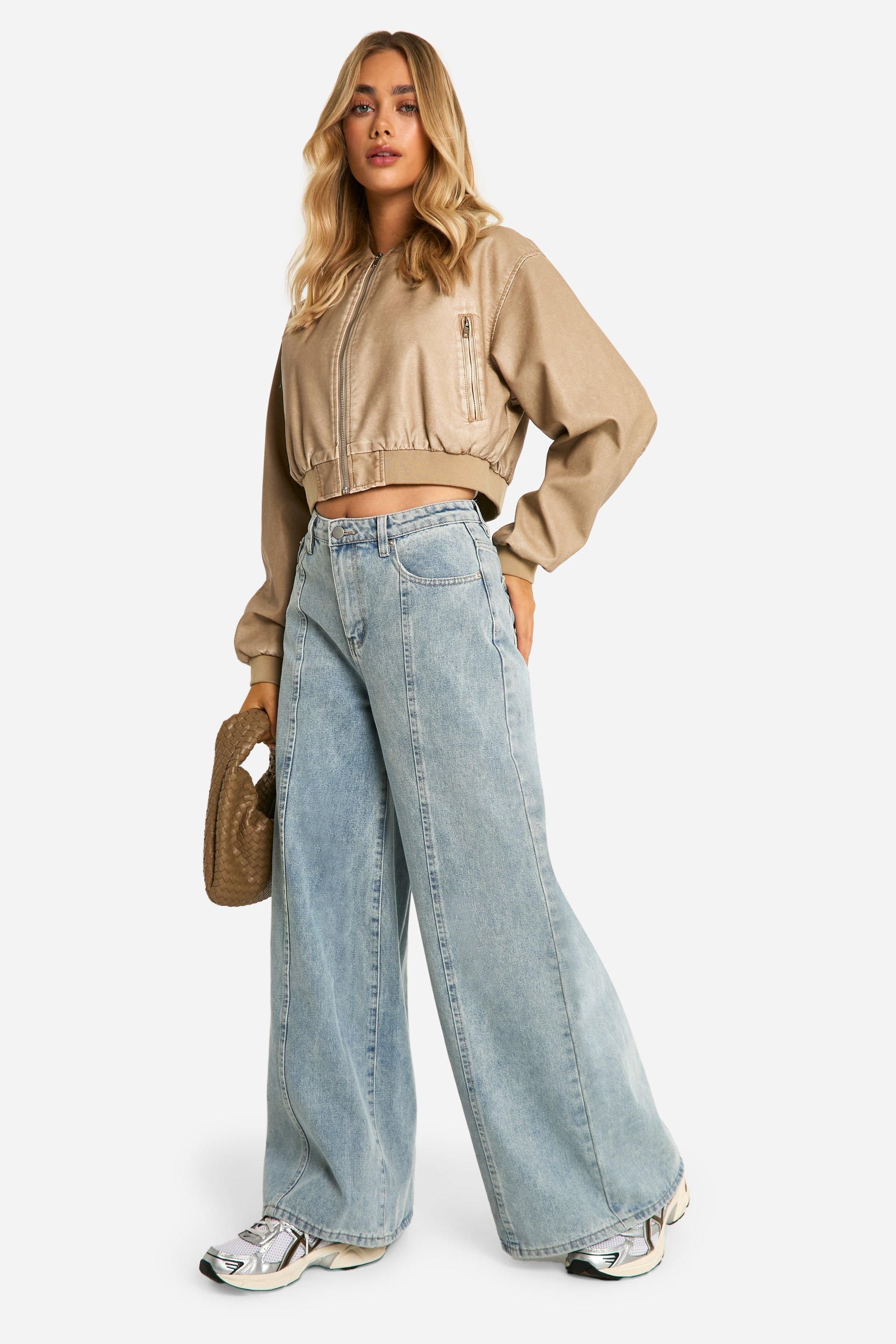 Boohoo Womens Seam Detail Extreme Wide Leg Denim Jeans - Light Blue Cotton - Size 14 UK