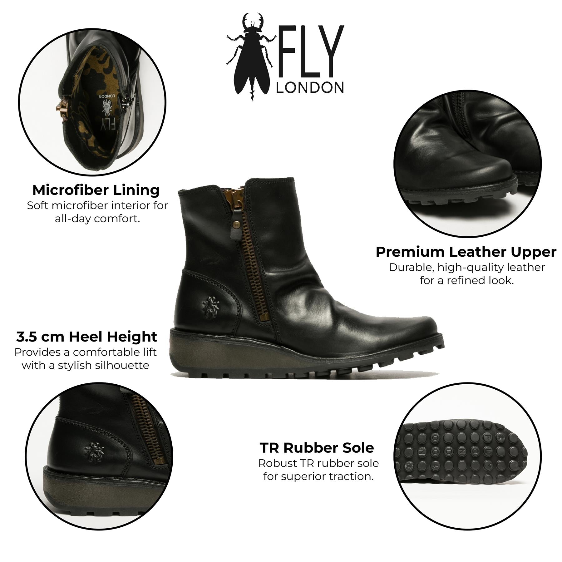 Fly London Womens Black MON944 Leather Wedge Heel Ankle Zip Up Chelsea Boots dam – bild 2