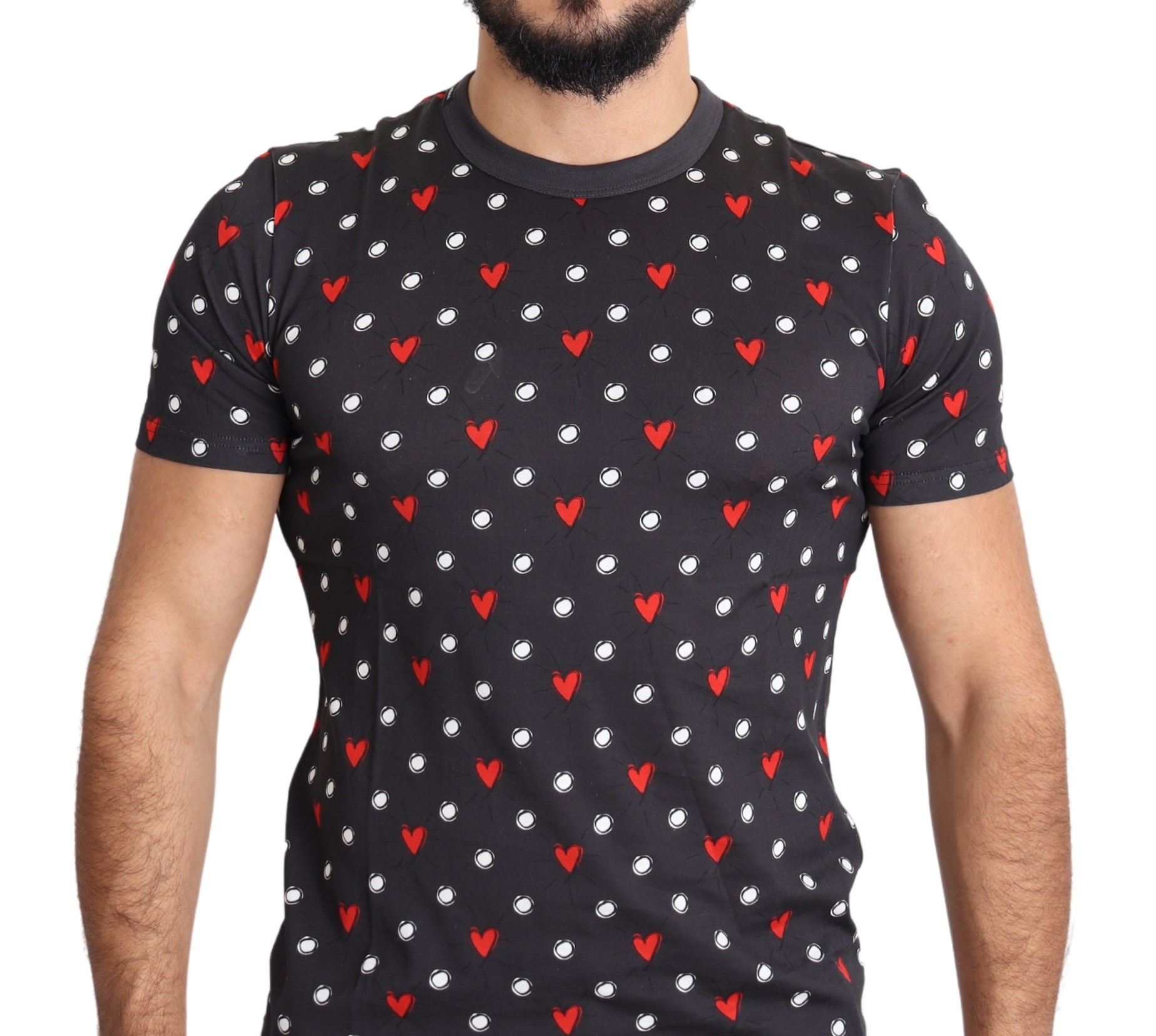 Thumbnail - Dolce & Gabbana Dark Gray Hearts Print Cotton Men's T-shirt