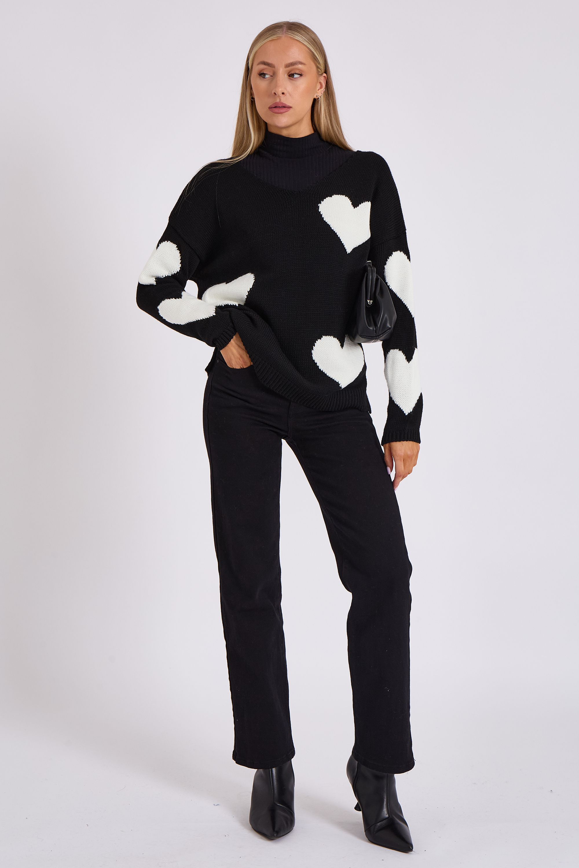Gini London V-ringad Oversized Heart Knit Jumper stickade tröjor dam – bild 2