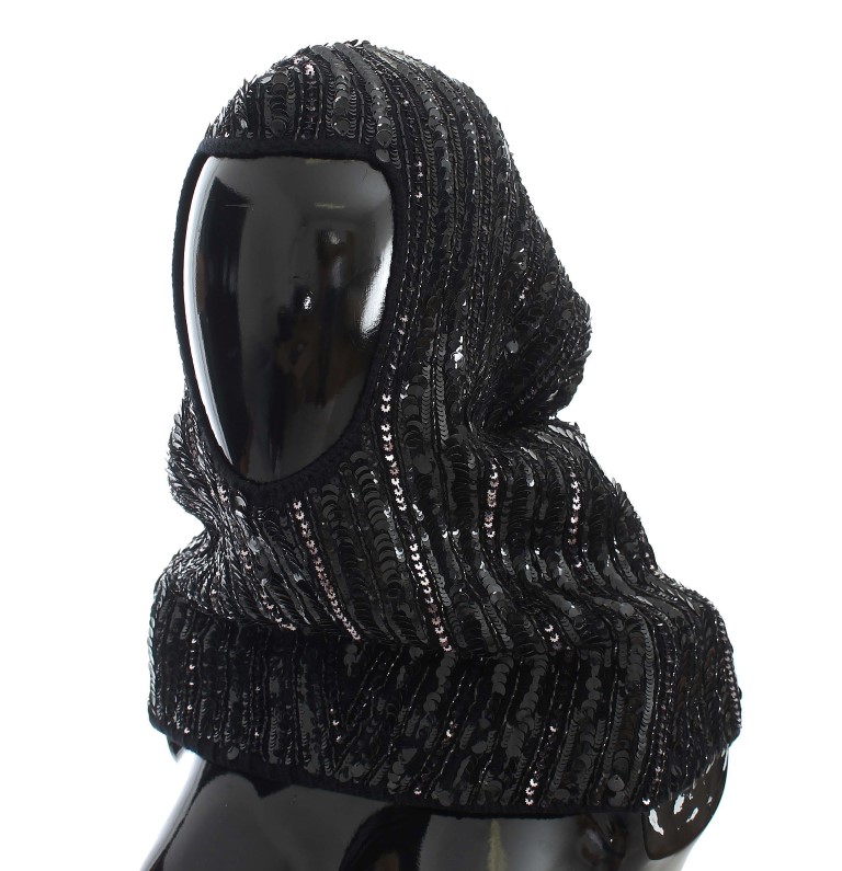 Thumbnail - Dolce & Gabbana Women's Black Knitted Sequin Hood Scarf Hat Hat (écharpe à sequins)