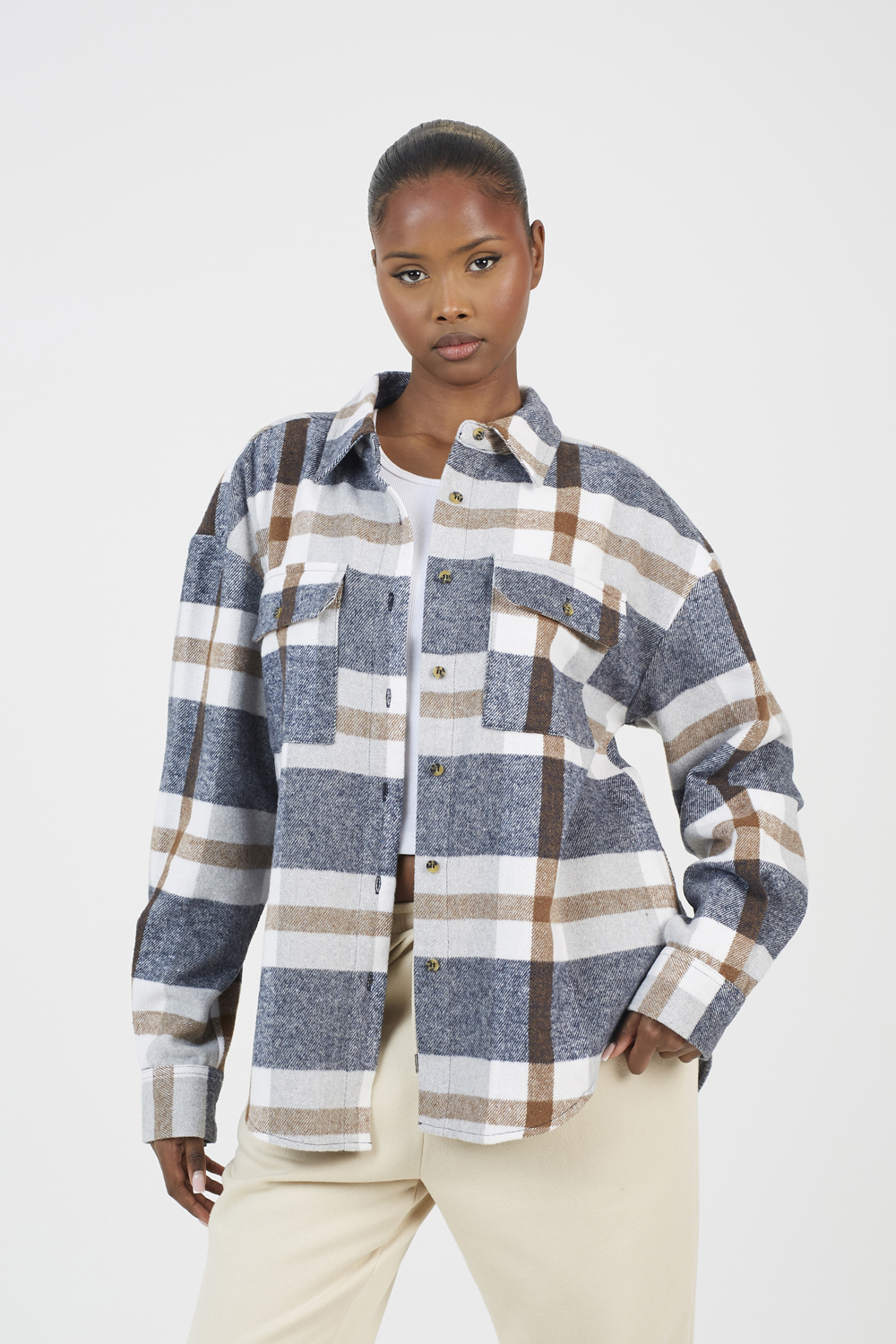 Brave Soul Womens Brown Check Print Long Sleeve Fleece Shirt - Size X-Small