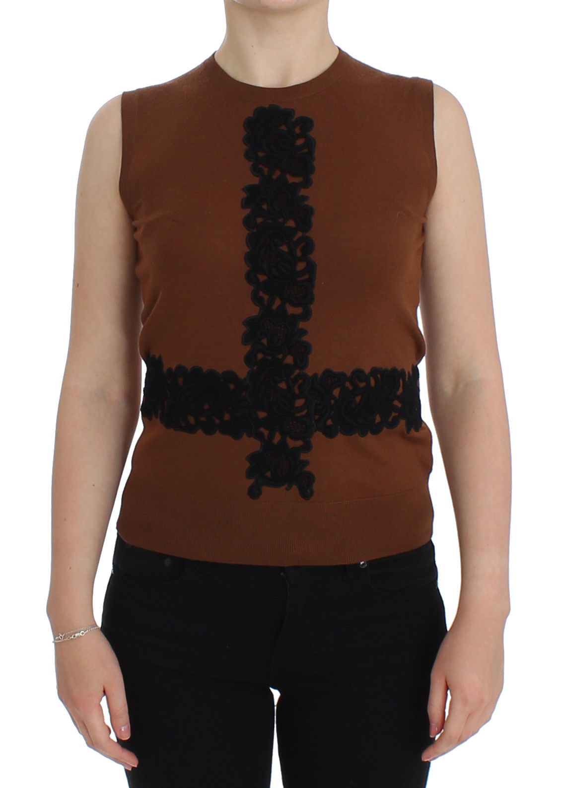 Dolce & Gabbana Women's Brown Wool Black Lace Vest Sweater Top