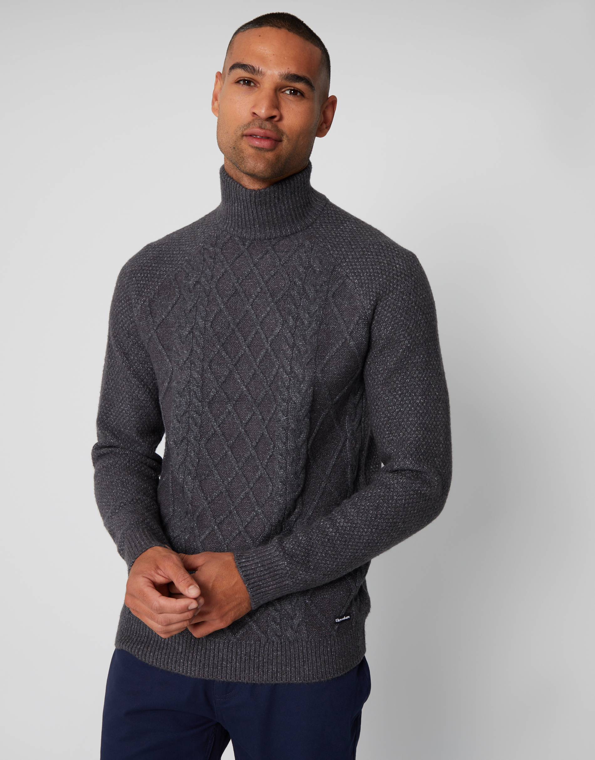 Threadbare Mens Charcoal 'Ayres' Turtle Neck Cable Knit Jumper - Size X-Large