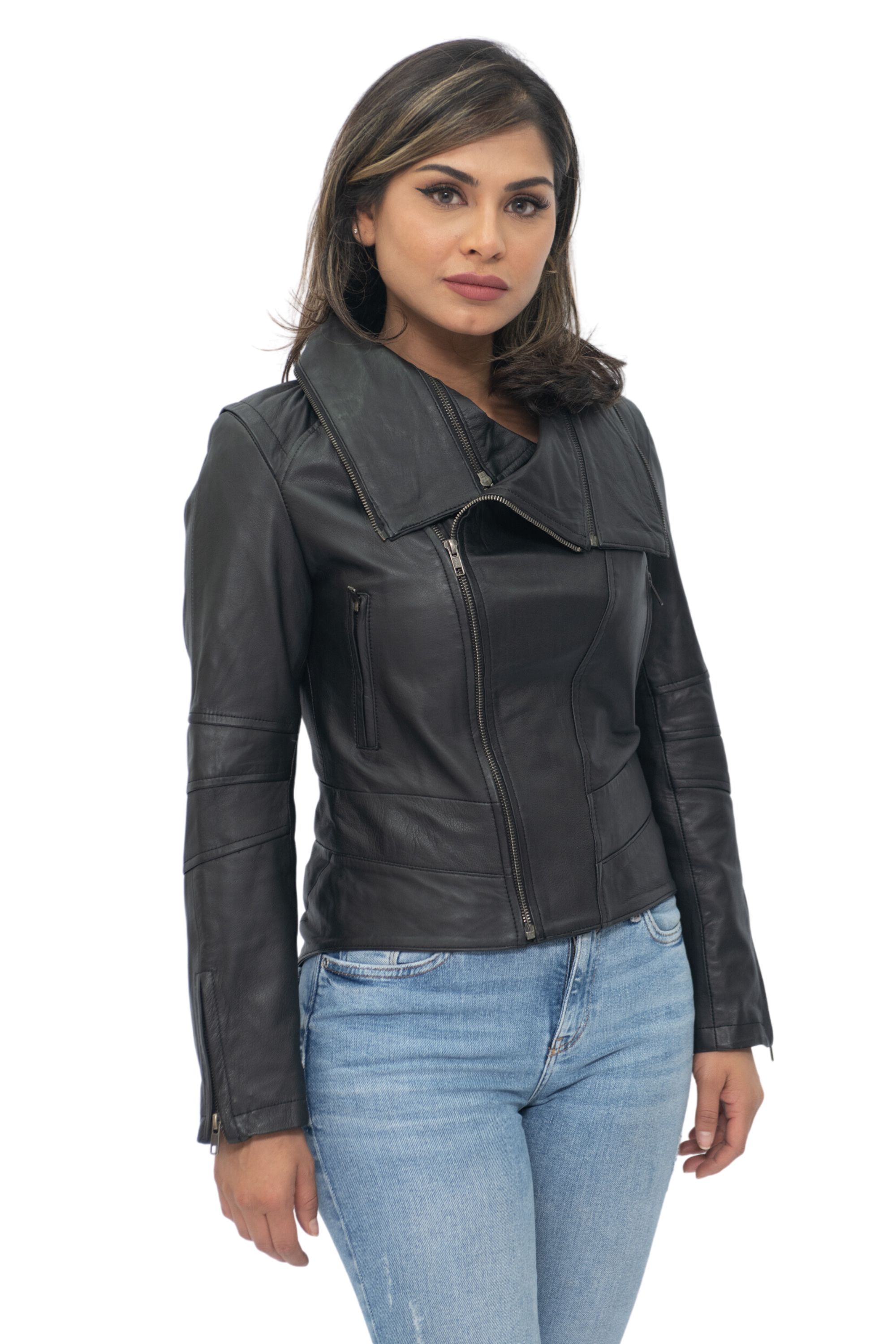 Infinity Leather Bikerjacka i läder med avtagbar krage för dam-Rosario – bild 2