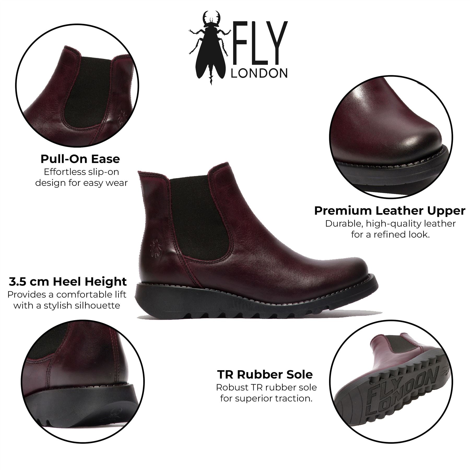 Fly London Womens Red SALV Chelsea Leather Ankle Casual Wedge Heel Boots dam – bild 2