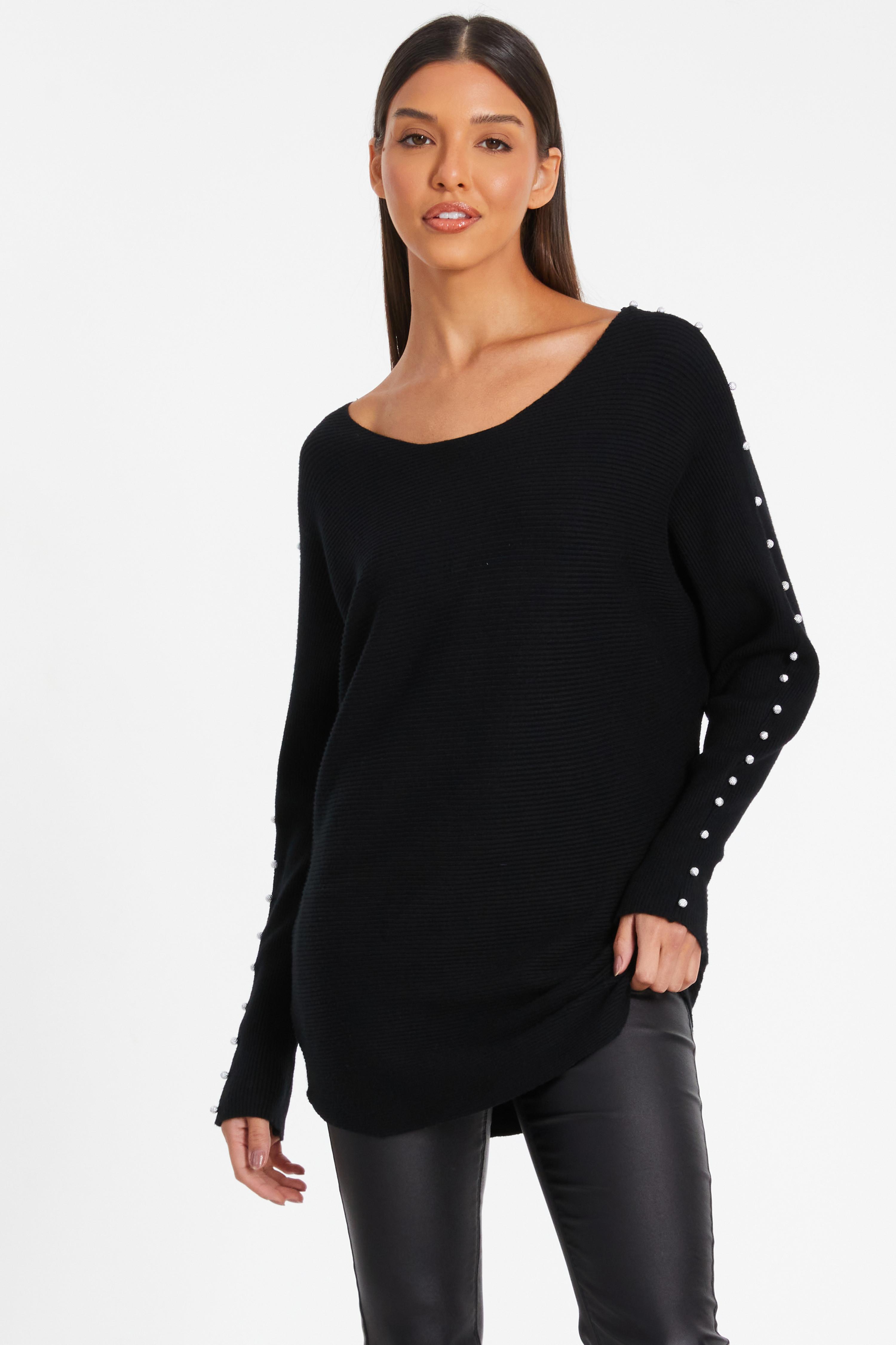 Quiz Womens Black Knitted Beaded Batwing Jumper - Size Large