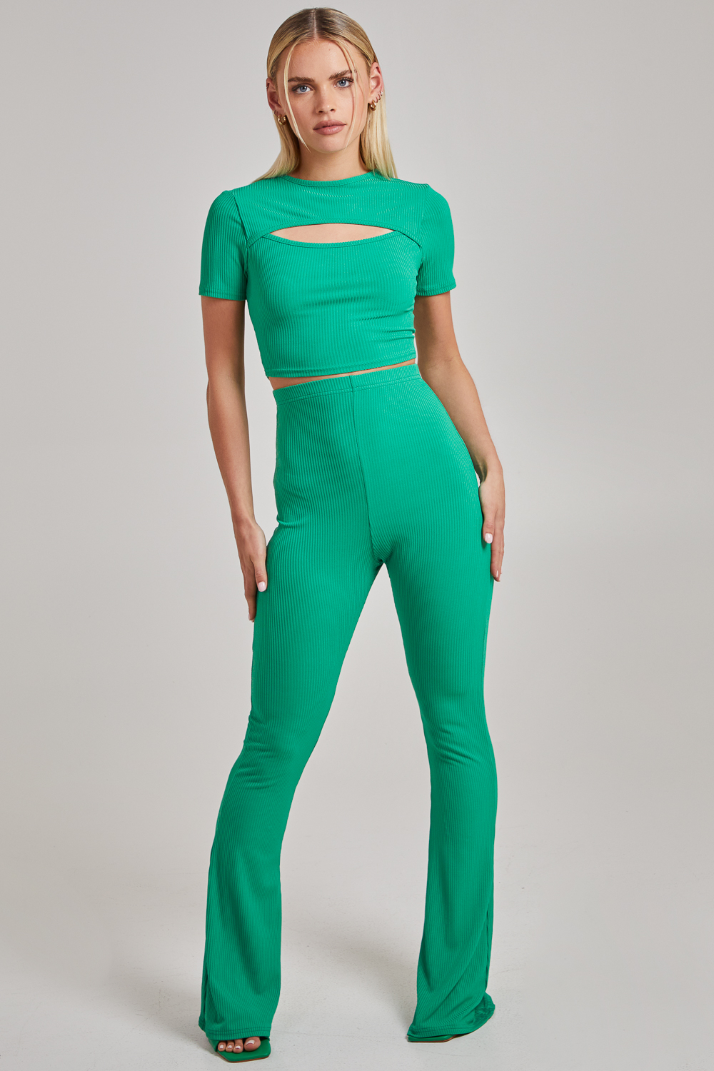 Pink Vanilla Women's Ribbed Flare Trousers in Green | Size: 8