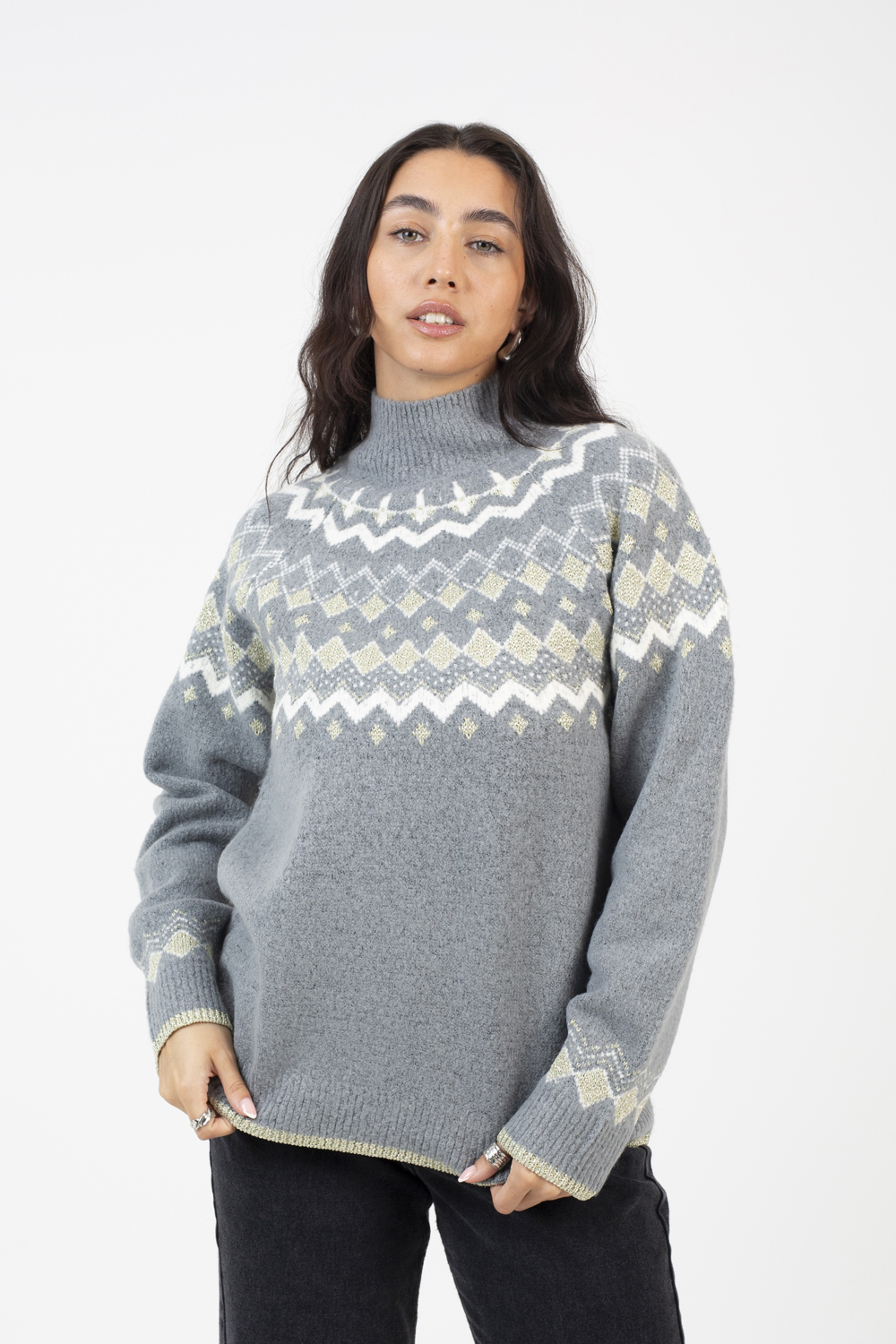 Brave Soul Women's Fairisle Turtleneck Jumper in Grey | Size: XS