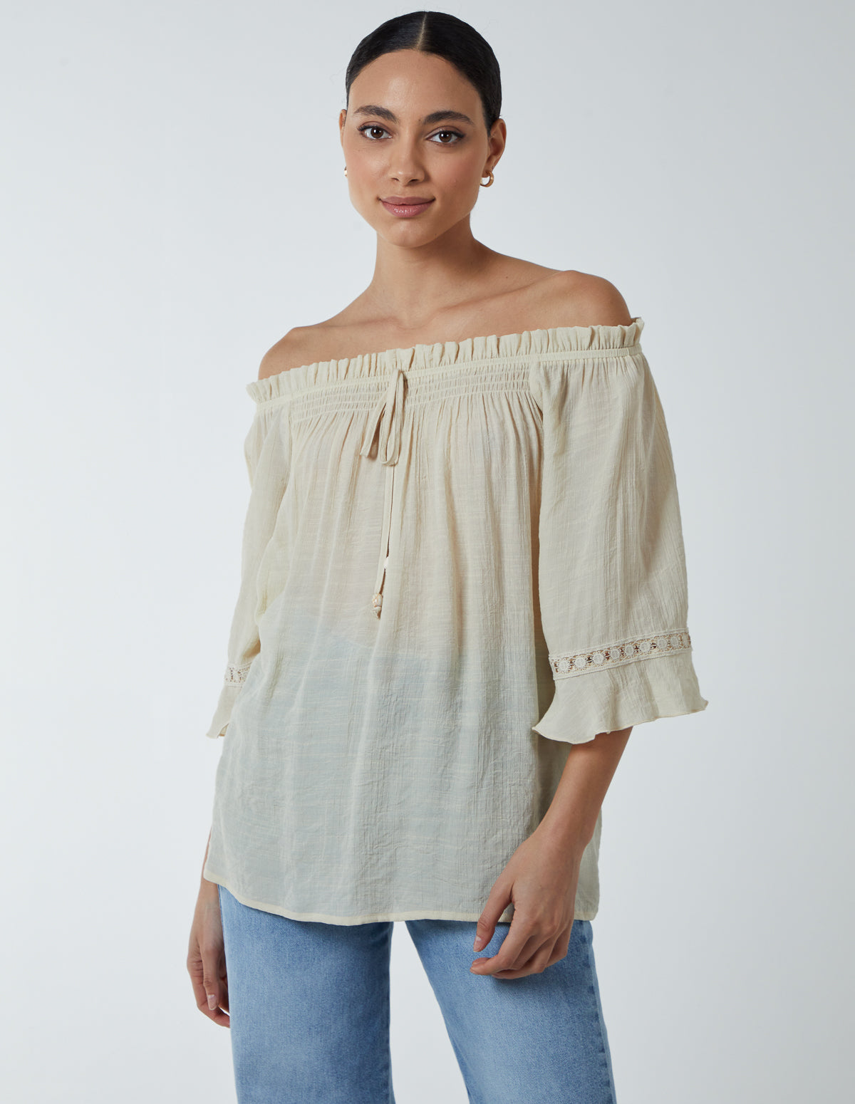 Blue Vanilla Womens Bardot Tie Front Top - Stone - Size Small